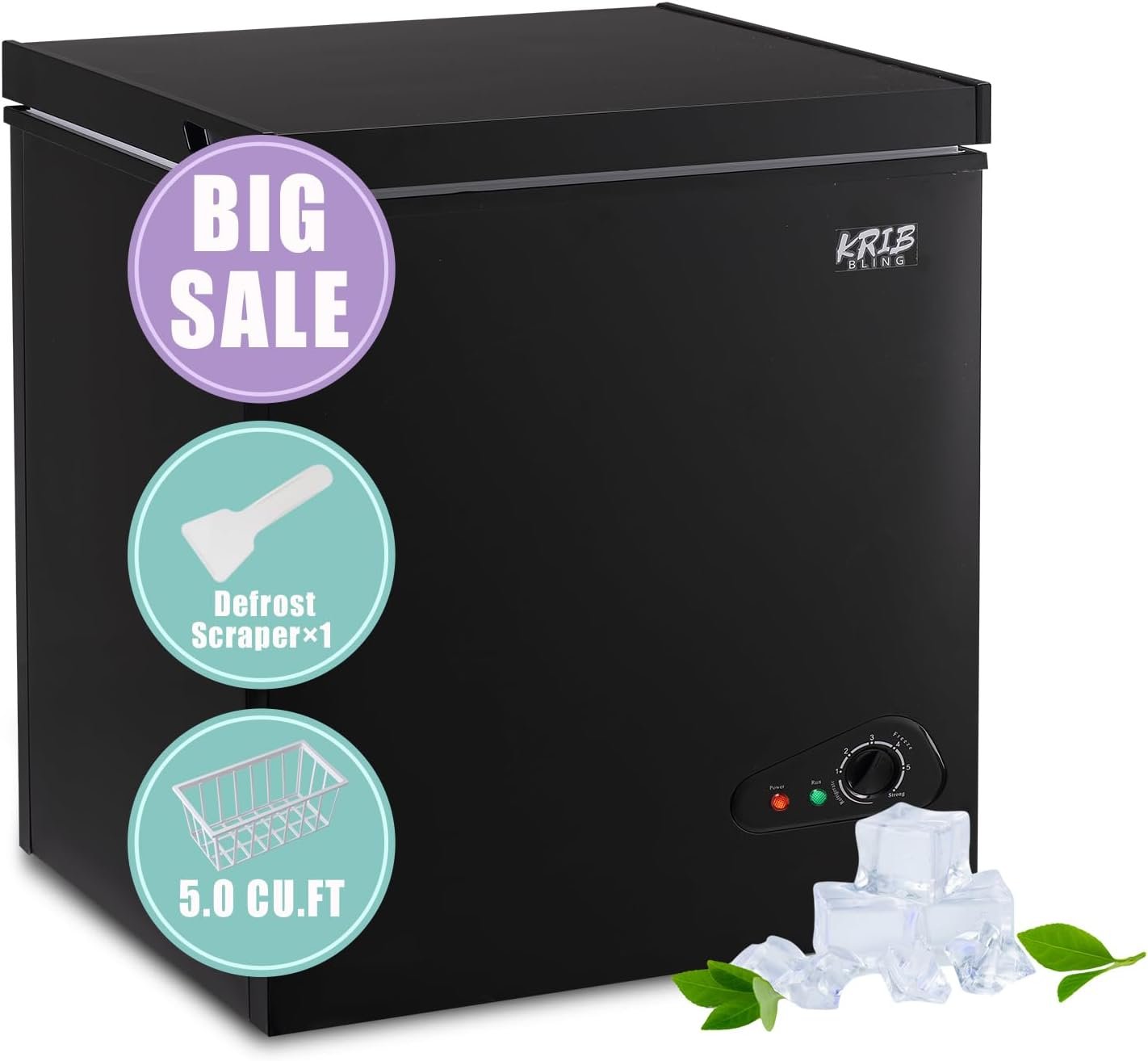 5.0 Cu.Ft Compact Chest Freezer with Removable Basket, Krib Bling Top Door Open Freestanding Deep Freezer with 7 Gears Temperature Adjustment, Ideal for Home, Kitchen  Office, White