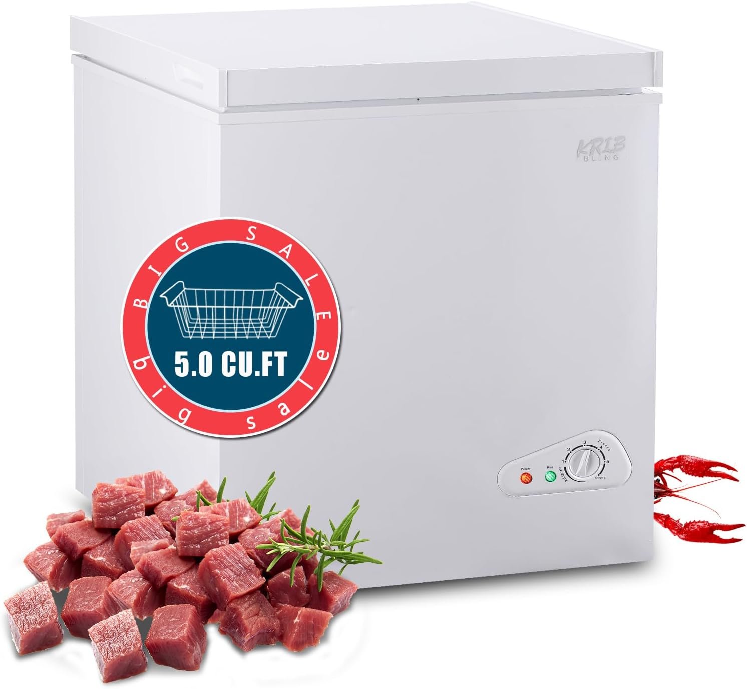 5.0 Cu.Ft Compact Chest Freezer with Removable Basket, Krib Bling Top Door Open Freestanding Deep Freezer with 7 Gears Temperature Adjustment, Ideal for Home, Kitchen  Office, White