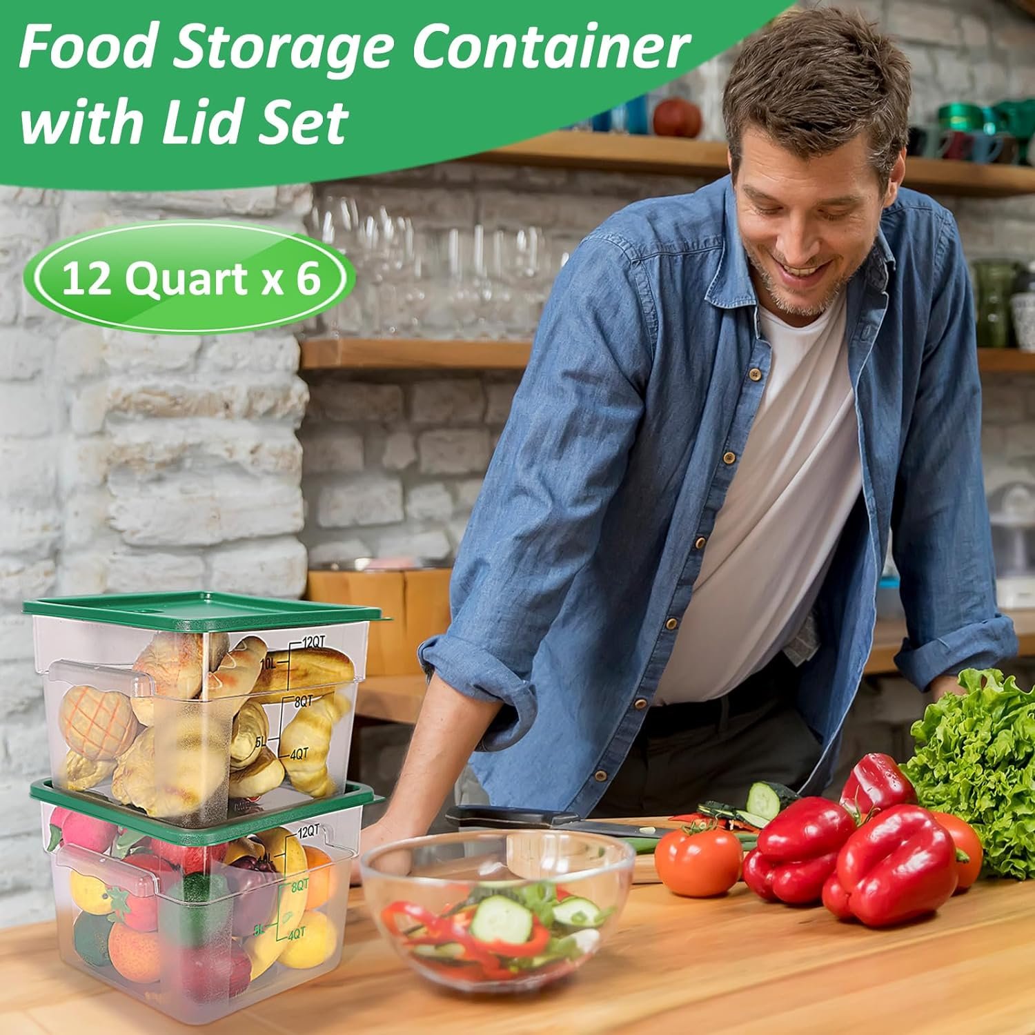 6 Pack 12qt Commercial Food Storage Containers with Lids Square Acrylic Airtight Food Container Clear Cereal Storage Container with Graduation and Handle for Pantry Kitchen Restaurant Freezer