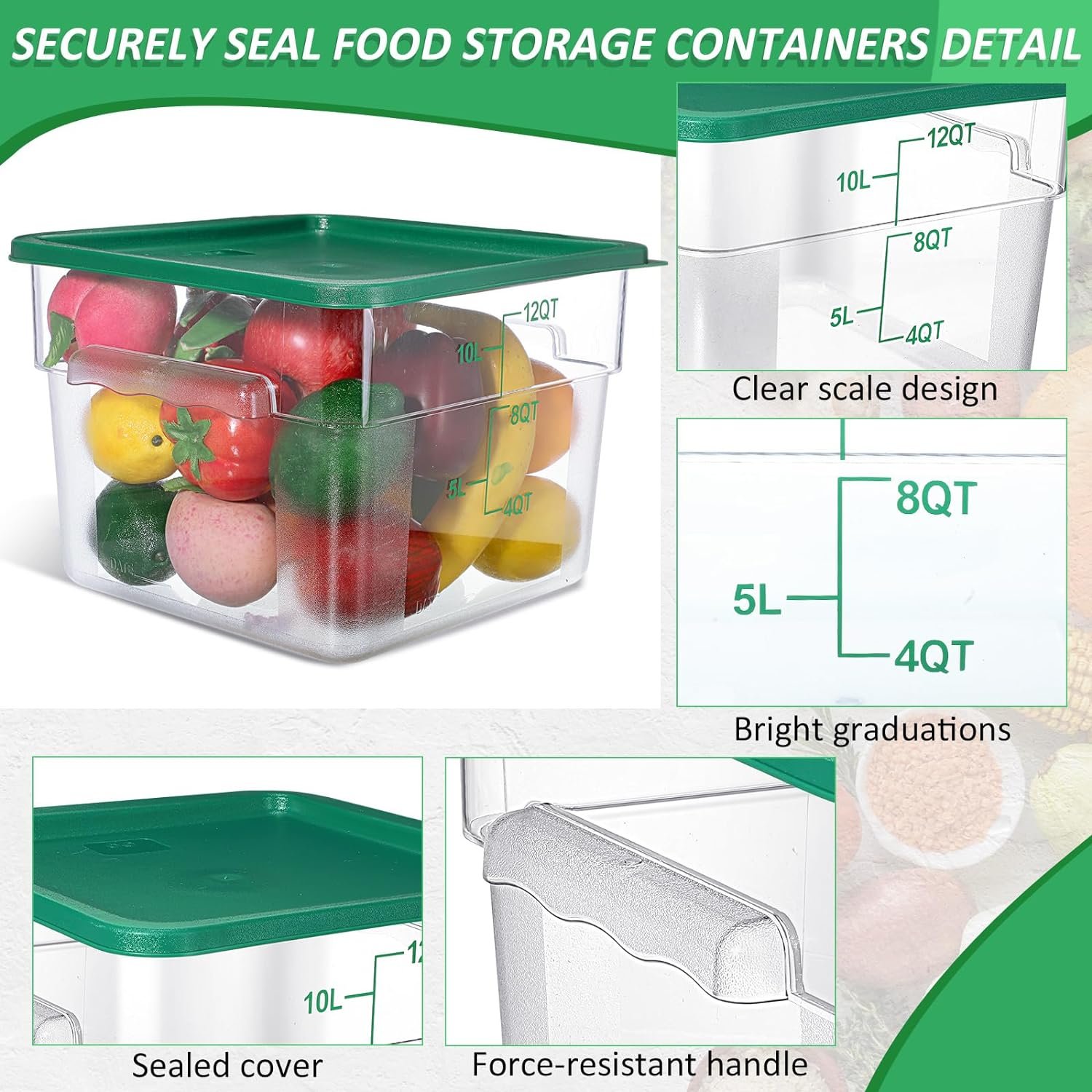 6 Pack 12qt Commercial Food Storage Containers with Lids Square Acrylic Airtight Food Container Clear Cereal Storage Container with Graduation and Handle for Pantry Kitchen Restaurant Freezer