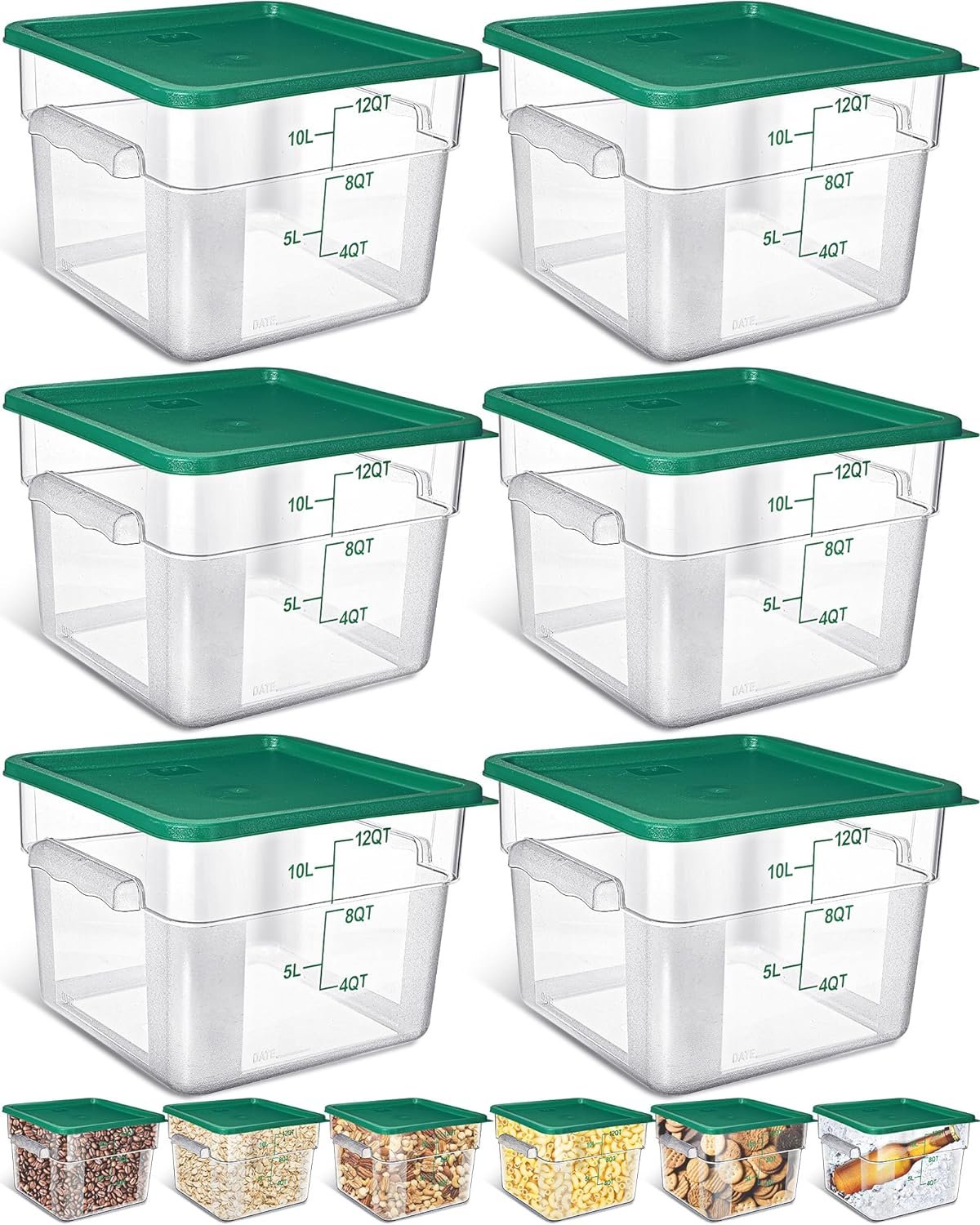 6 Pack 12qt Commercial Food Storage Containers with Lids Square Acrylic Airtight Food Container Clear Cereal Storage Container with Graduation and Handle for Pantry Kitchen Restaurant Freezer