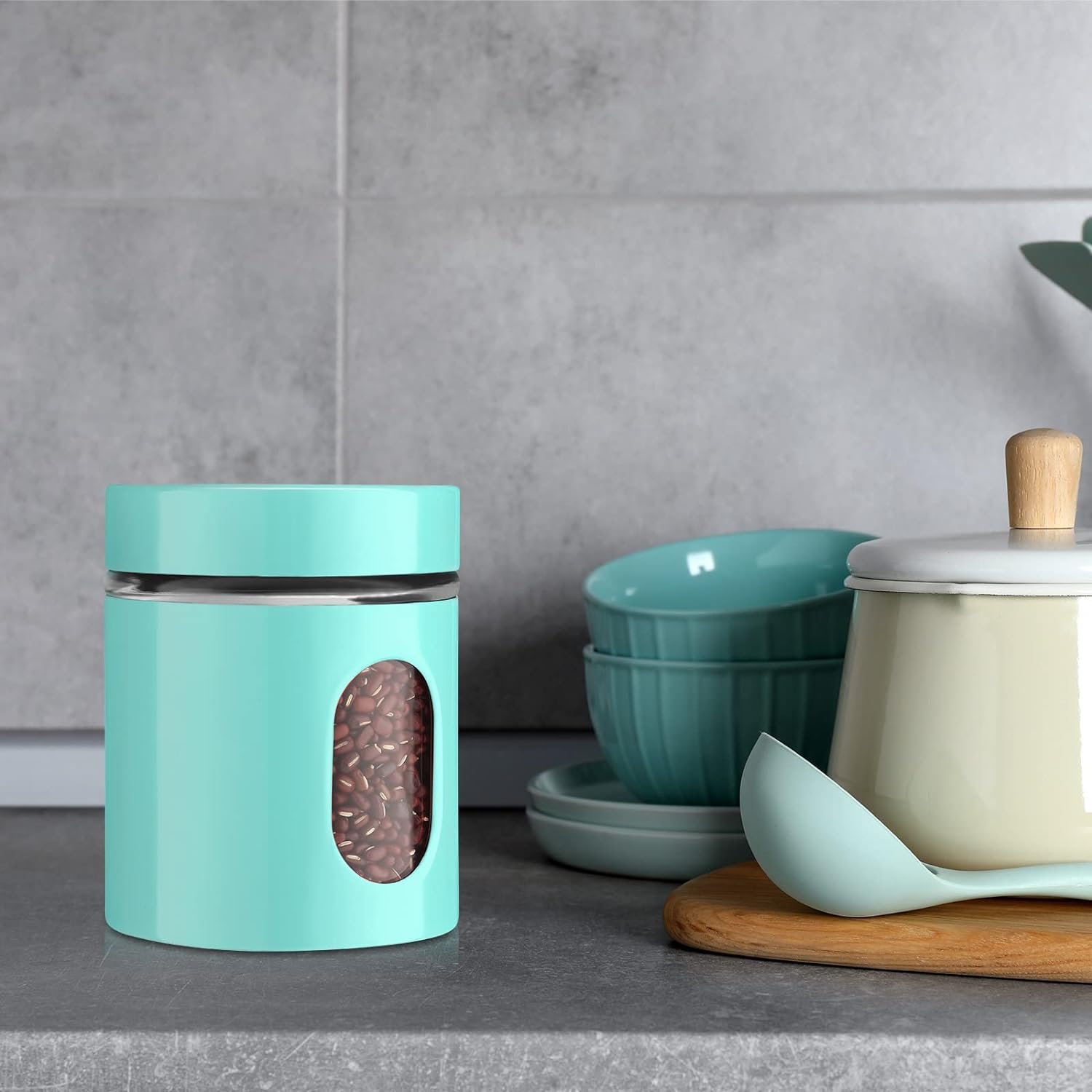 6 Pack Kitchen Canisters Set 20 oz Airtight Coffee Sugar Tea Candy Storage Jars with Window Glass Stainless Steel Containers with Lids for Flour Cookies Spices Grains Kitchen Home Decor (Turquoise) 6 Pack Kitchen Canisters Set 20 oz Airtight Coffee Sugar Tea Candy Storage Jars with Window Glass Stainless Steel Containers with Lids for Flour Cookies Spices Grains Kitchen Home Decor (Turquoise)