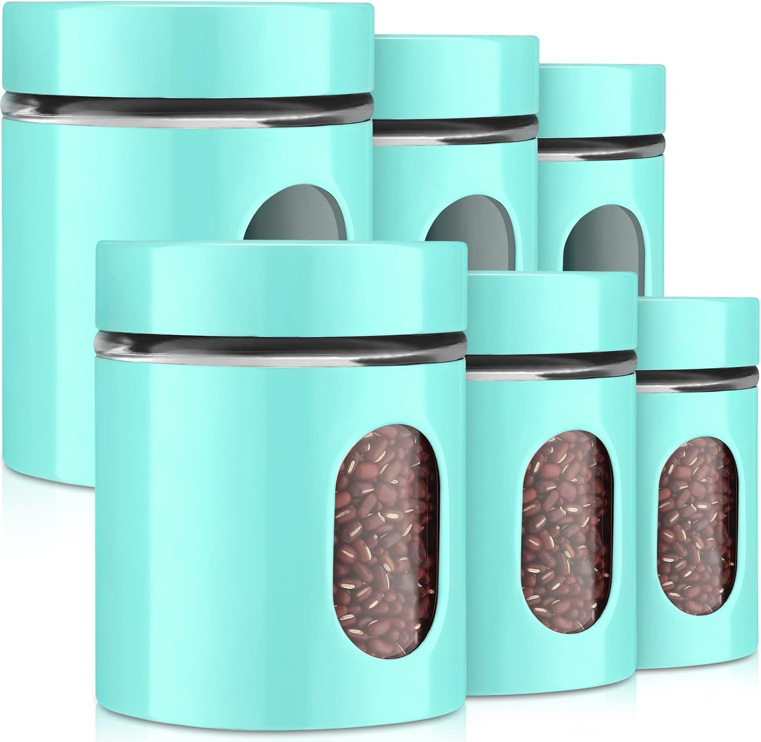 6 Pack Kitchen Canisters Set 20 oz Airtight Coffee Sugar Tea Candy Storage Jars with Window Glass Stainless Steel Containers with Lids for Flour Cookies Spices Grains Kitchen Home Decor (Turquoise) 6 Pack Kitchen Canisters Set 20 oz Airtight Coffee Sugar Tea Candy Storage Jars with Window Glass Stainless Steel Containers with Lids for Flour Cookies Spices Grains Kitchen Home Decor (Turquoise)