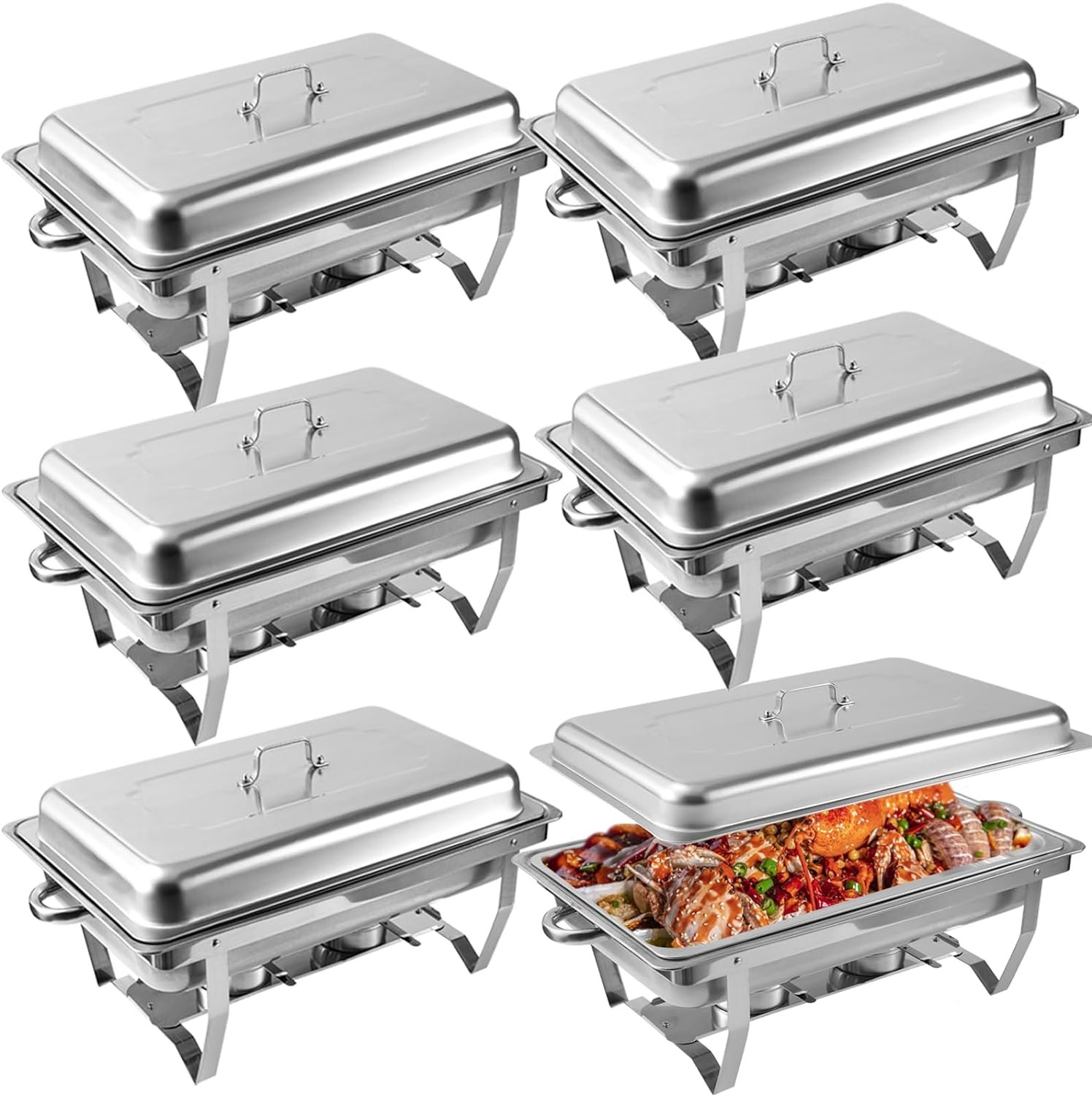 6 Pcs Chafing Dish Buffet Set, 8 Qt Stainless Steel Buffet Servers and Warmers with Foldable Frame, Food Pan, Fuel Holder and Lid for Parties Banquet Wedding 6 Pcs Chafing Dish Buffet Set, 8 Qt Stainless Steel Buffet Servers and Warmers with Foldable Frame, Food Pan, Fuel Holder and Lid for Parties Banquet Wedding
