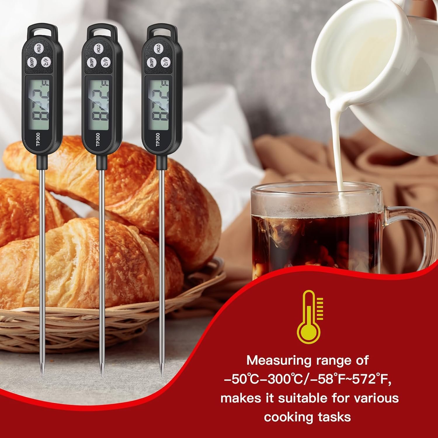 6 Pcs Instant Read Meat Thermometer with Long Probe 9.65 Inch Kitchen Cooking Food Candy Thermometer Waterproof Digital Thermometer for BBQ Water Milk Yogurt Liquid Cooking (Black, White, Red) 6 Pcs Instant Read Meat Thermometer with Long Probe 9.65 Inch Kitchen Cooking Food Candy Thermometer Waterproof Digital Thermometer for BBQ Water Milk Yogurt Liquid Cooking (Black, White, Red)