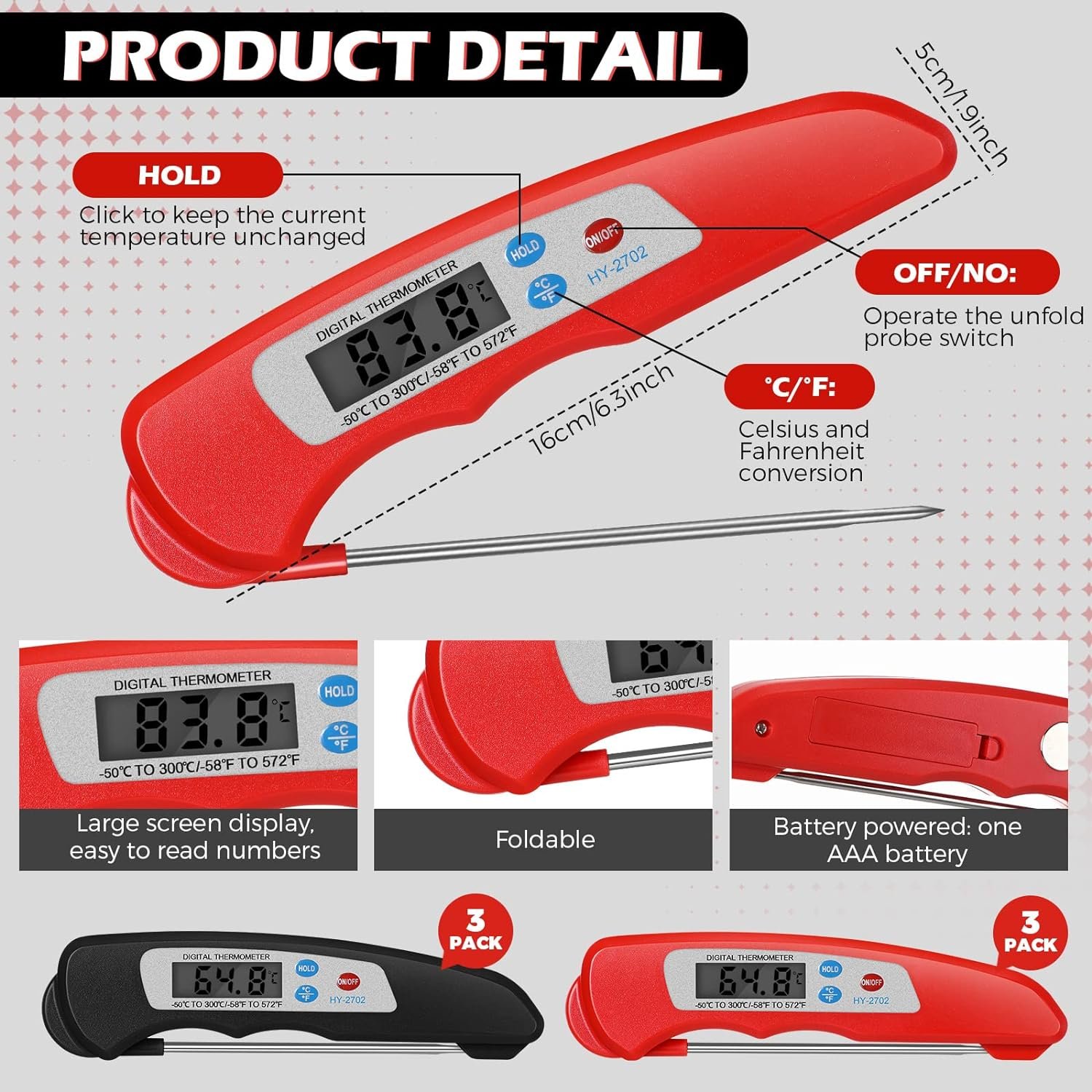 6 Pieces Digital Meat Thermometer Foldable Instant Read Food Thermometer Waterproof Digital Food Probe with Magnet for Grill Cooking Kitchen Food BBQ Roast Turkey Deep Fry Temperature Accessories