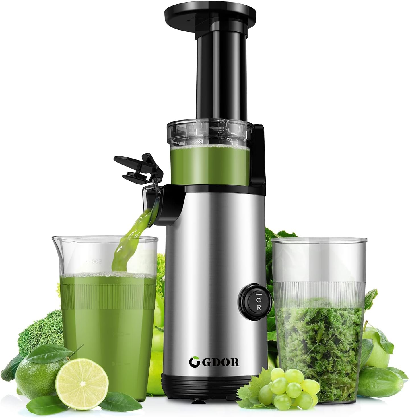 60NM Masticating Juicer - Low Noise, Space-Saving, Easy Cleaning, 20oz Cup, BPA-Free - Silver