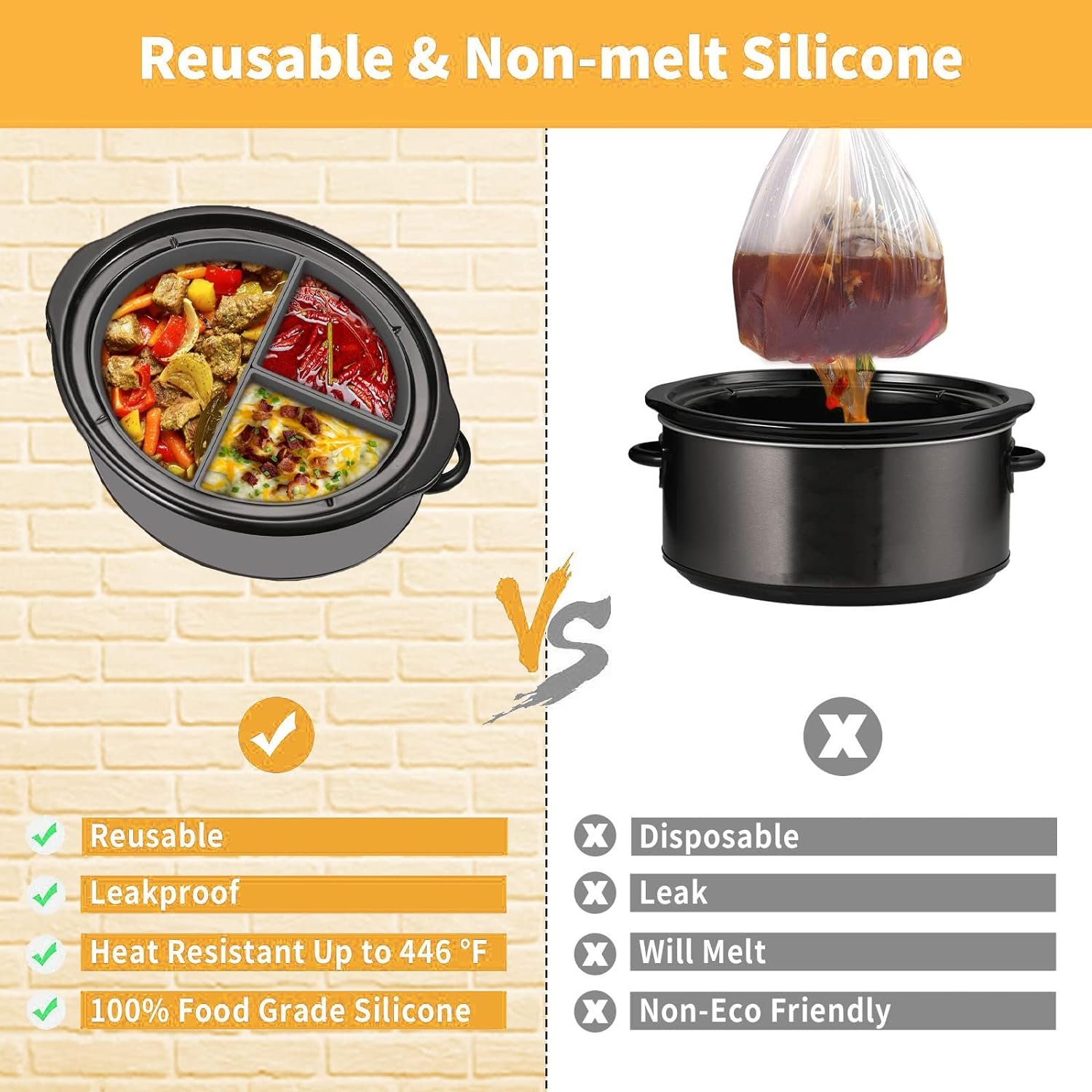 6QT Silicone Slow Cooker Dividers Compatible Crock Pot Liners 6 QT Oval Shape, Leakproof, Dishwasher Safe, Reusable Slow Cooker Liner For Most 6 Quart CrockPot Divider Inserts Accessories