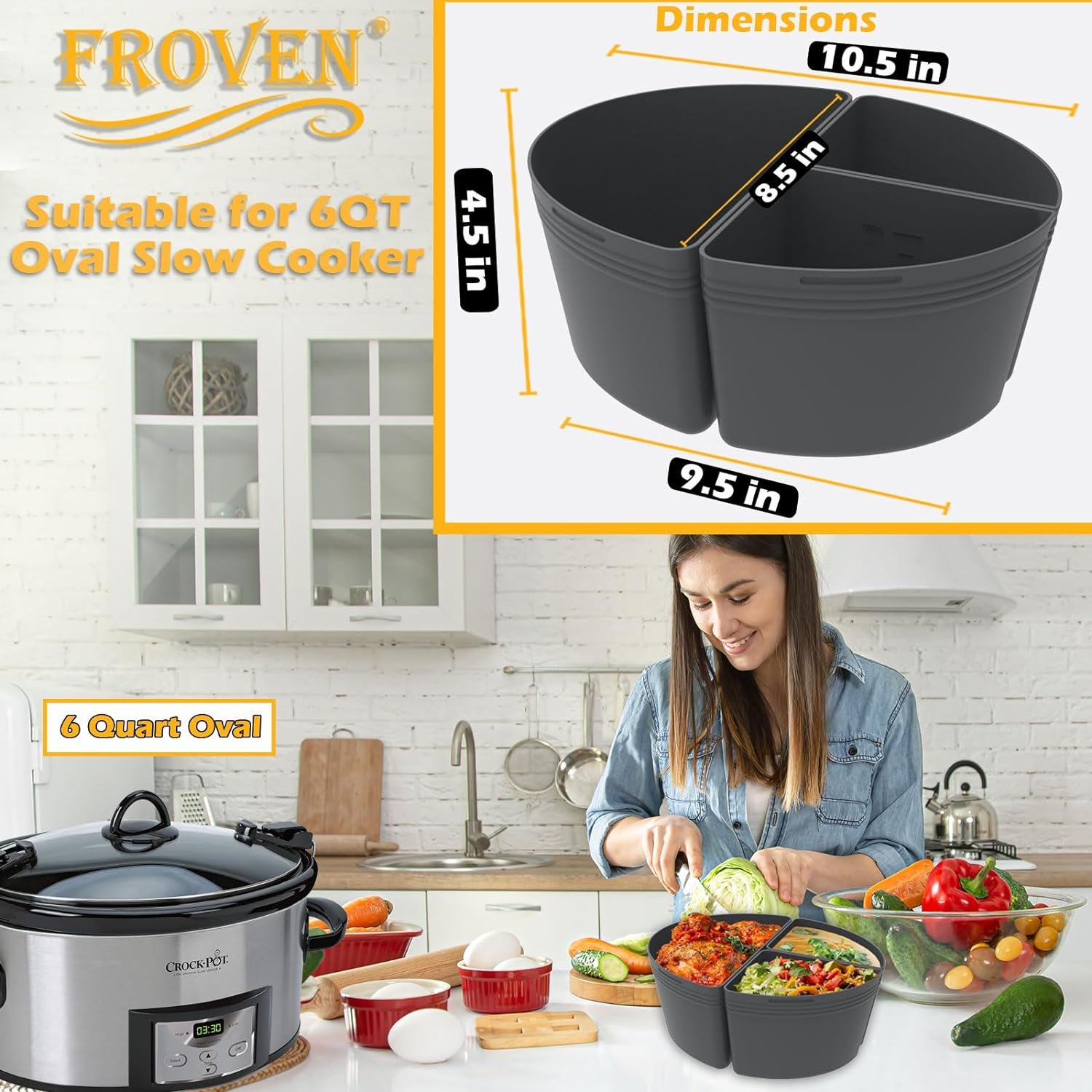 6QT Silicone Slow Cooker Dividers Compatible Crock Pot Liners 6 QT Oval Shape, Leakproof, Dishwasher Safe, Reusable Slow Cooker Liner For Most 6 Quart CrockPot Divider Inserts Accessories