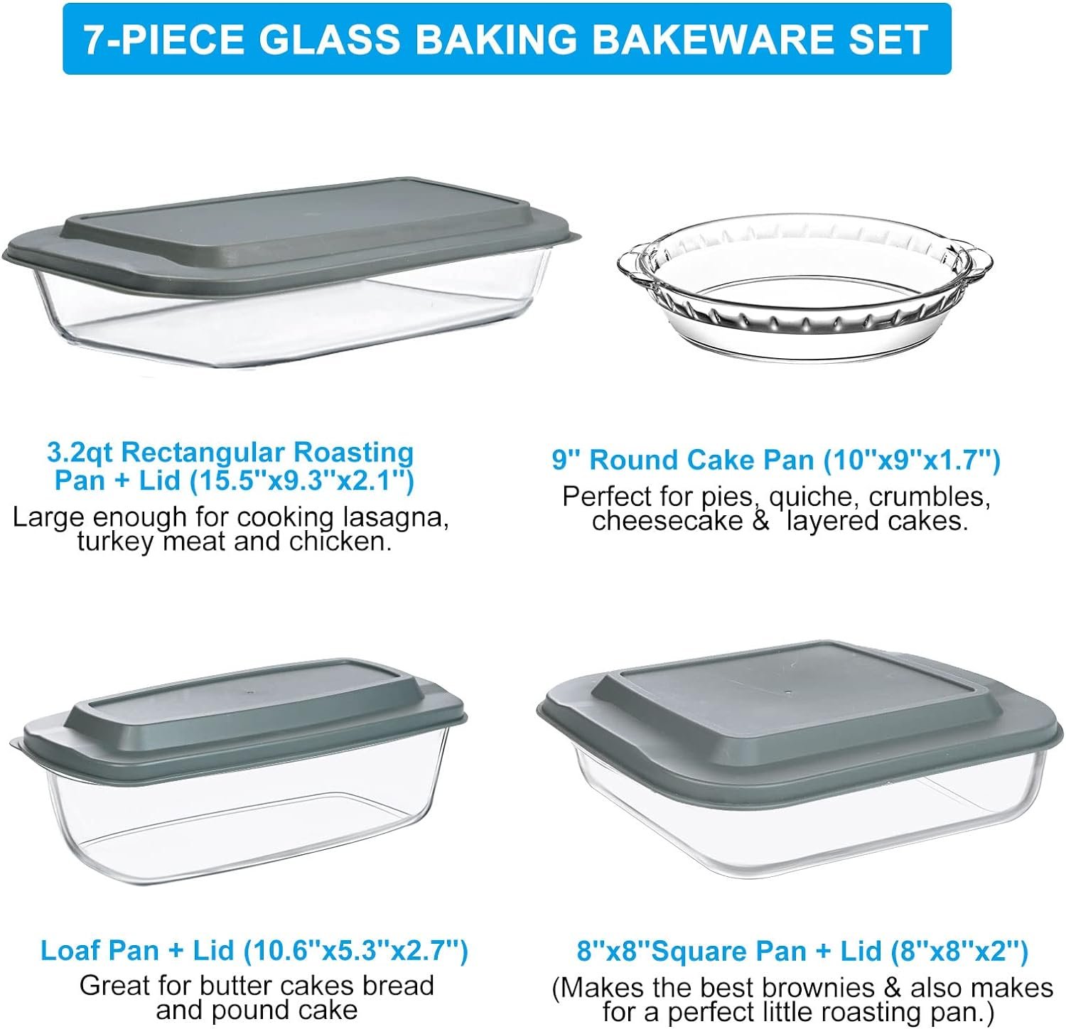7-Piece Glass Bakeware Set, Baking Dishes, Glass Loaf Pan with Lids, Glass Pie Plate, 9x13 Roasting Pan, Square Pan, Fridge-to-Oven-Friendly