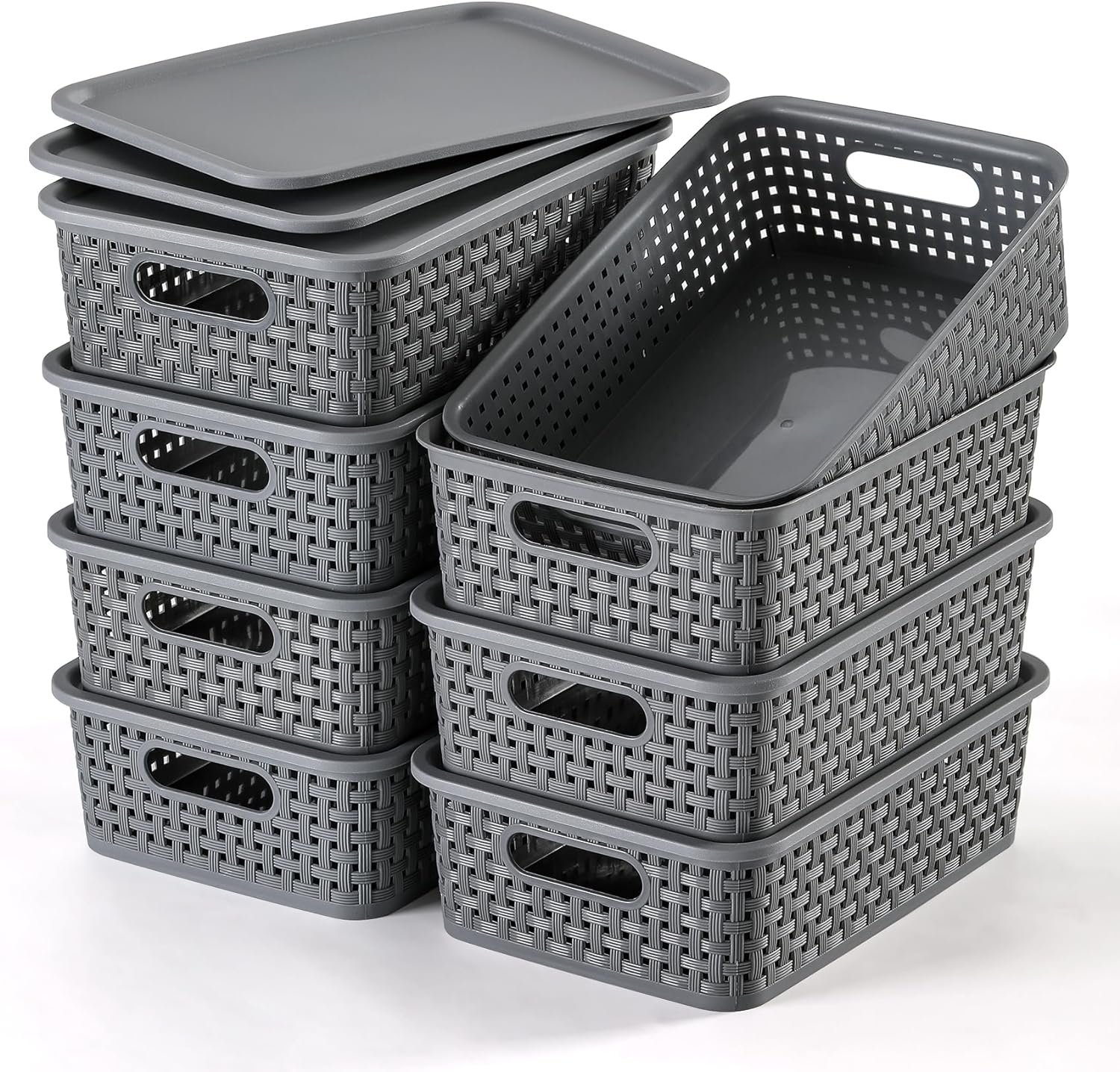 [ 8 Pack ] Plastic Storage Baskets With Lids, Small Pantry Organization, Stackable Storage Bins, Household Organizers for Cabinets, Countertop, Drawers, Under Sink or On Shelves,Gray