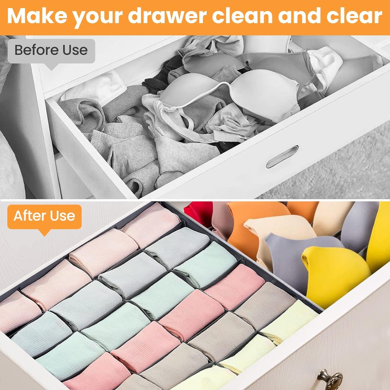 8 Packs Drawer Organizers for Clothing with 90 Cells Fabric Foldable Grids Dividers Box for Socks,Underwear, Bras and Ties