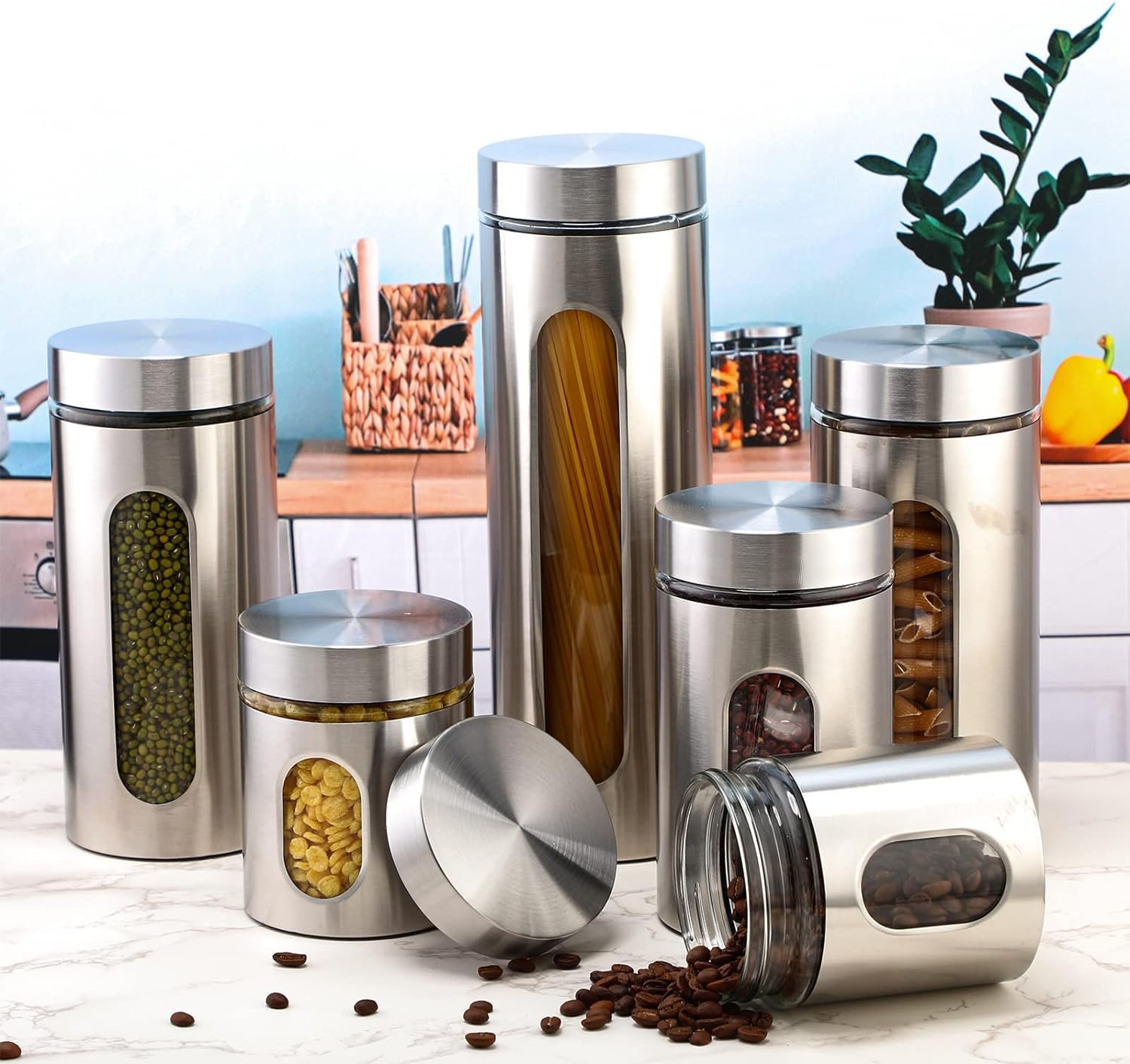 8 Pcs Kitchen Canister Set Stainless Steel Nested Canister Storage Set with Glass Window Airtight Lid Coffee Sugar Tea Storage Jars for Flour Pasta Cookies Spices Grains (Silver)