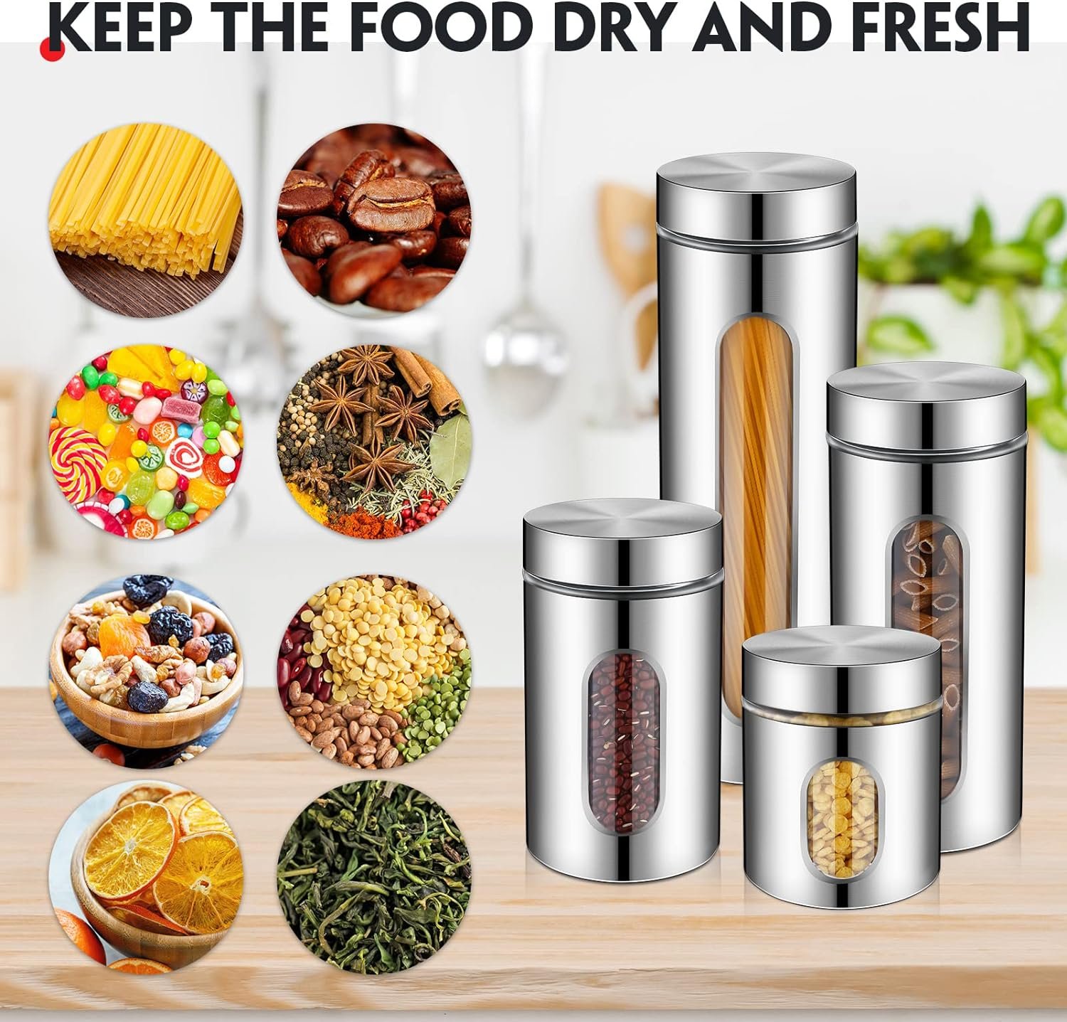 8 Pcs Kitchen Canister Set Stainless Steel Nested Canister Storage Set with Glass Window Airtight Lid Coffee Sugar Tea Storage Jars for Flour Pasta Cookies Spices Grains (Silver)