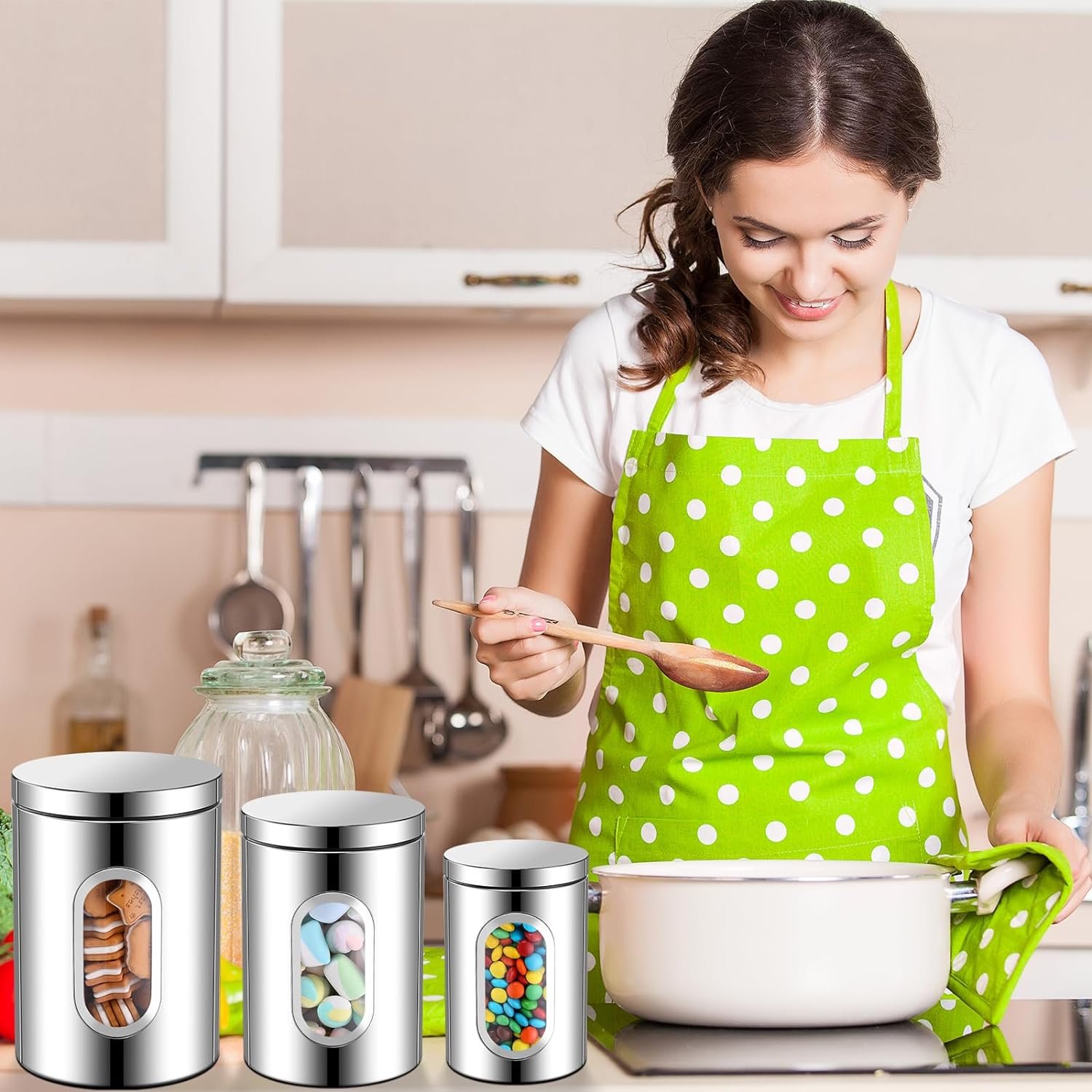 8 Pieces Stainless Steel Canister Set, Kitchen Canisters Storage Jars with Visible Window Food Canister Containers with Airtight Lid for Kitchen Counter Sugar Tea Coffee Flour Spice Cookie Candy