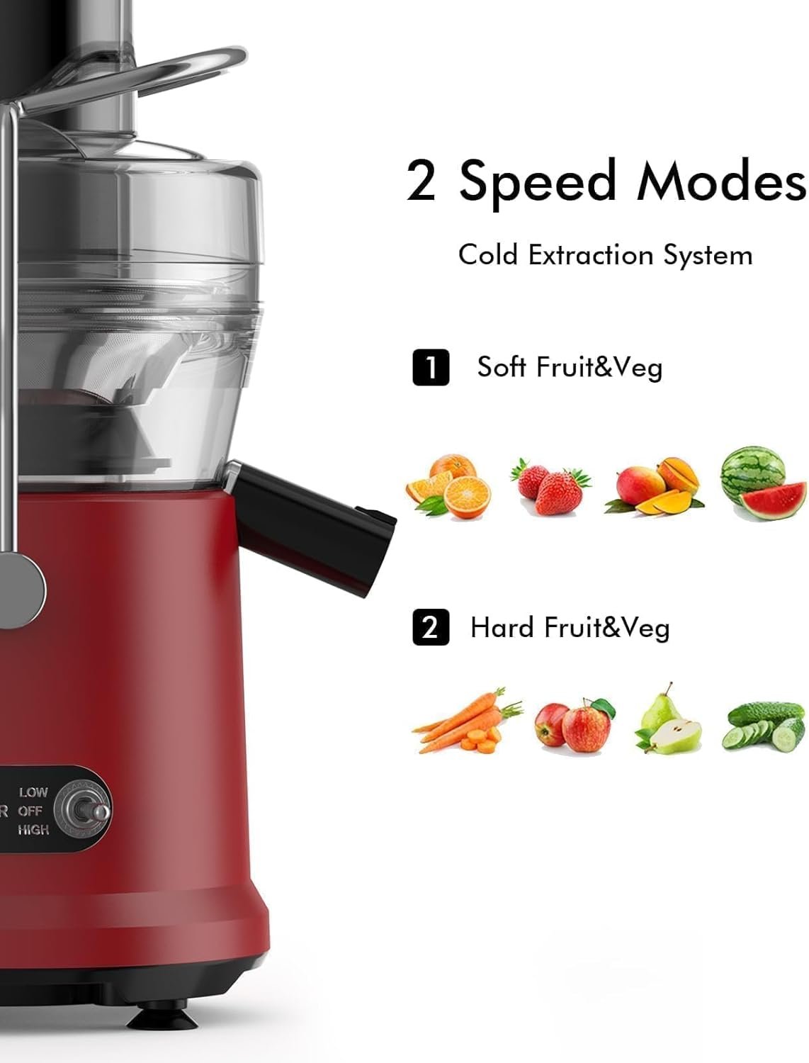 800W Juice Extractor, 3.2 Wide Mouth Hervigour Whole Fruit  Vegetable Juicer, 2 Speeds, Easy-to-Clean and BPA-Free (Red)