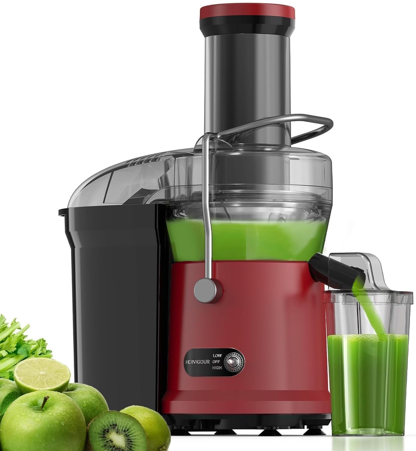 800W Juice Extractor, 3.2 Wide Mouth Hervigour Whole Fruit  Vegetable Juicer, 2 Speeds, Easy-to-Clean and BPA-Free (Red)