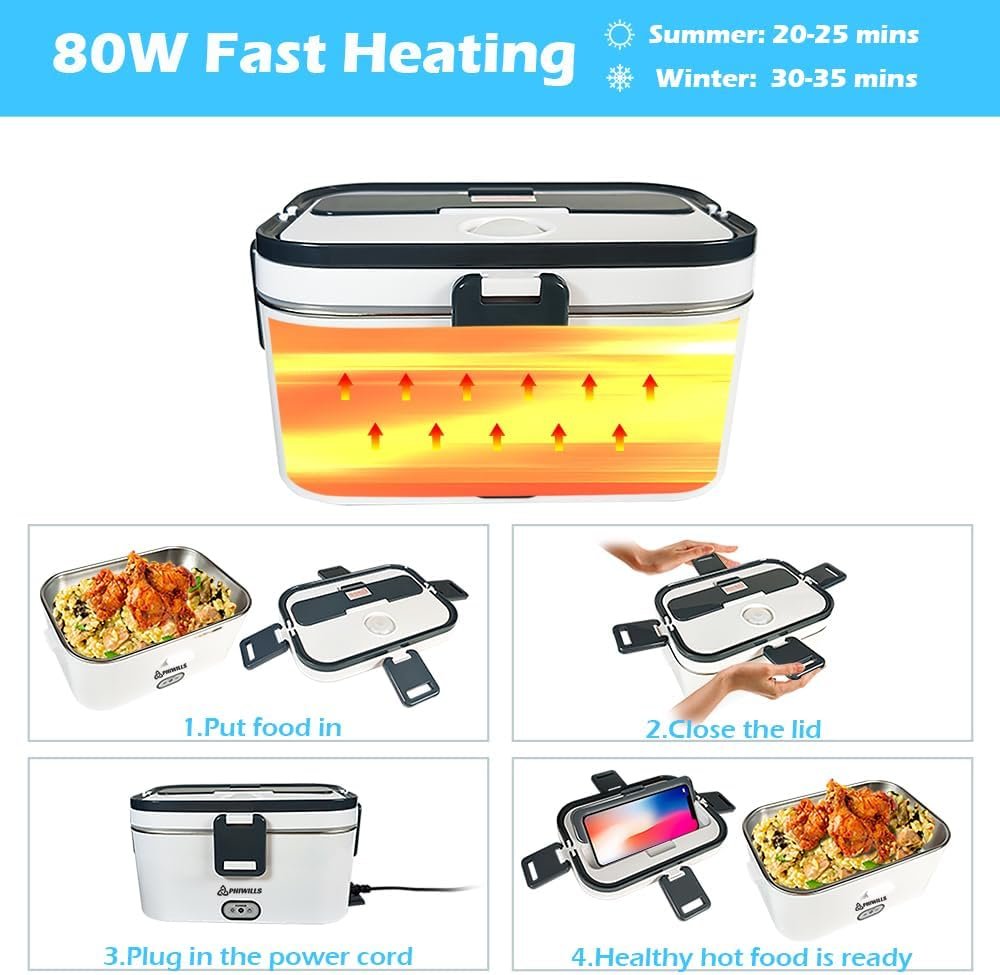 80W Electric Lunch Box 1.8L Container Food Warmer Heater, 12V/24V/110V Heated Lunchbox for Car/Truck/Work with 0.45L Compartment, Stainless Steel Spoon  Fork, Insulated Bag