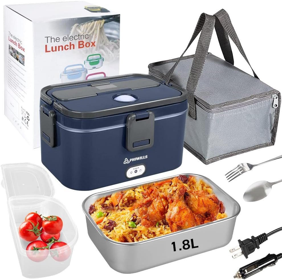 80W Electric Lunch Box 1.8L Container Food Warmer Heater, 12V/24V/110V Heated Lunchbox for Car/Truck/Work with 0.45L Compartment, Stainless Steel Spoon  Fork, Insulated Bag