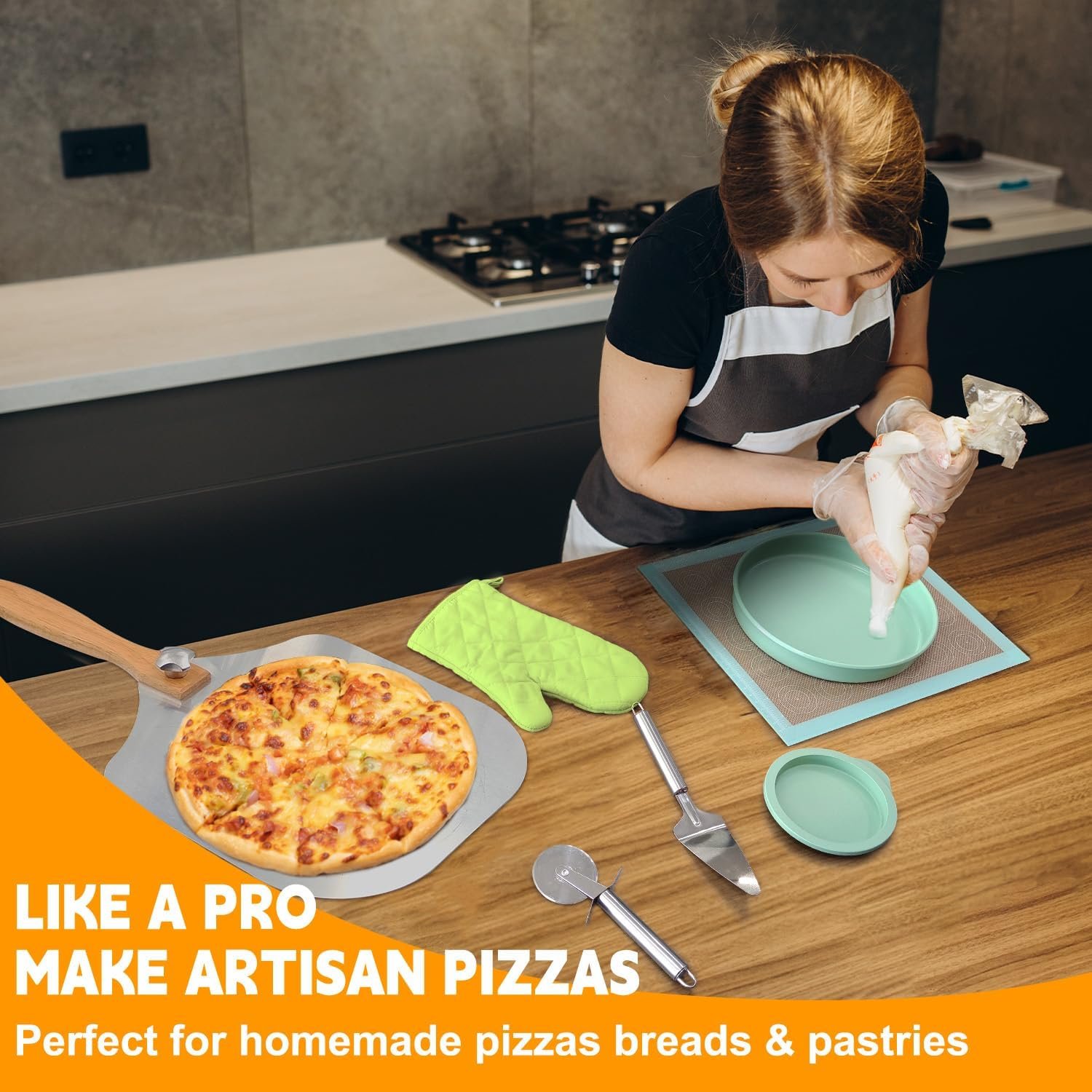 9PCS Collapsible Aluminum Metal Pizza Peel Pizza Baking Pan Set, Professional Baking Tools Series for Home Pizza Oven Baking Pizza, Dough, Bread and Pastry