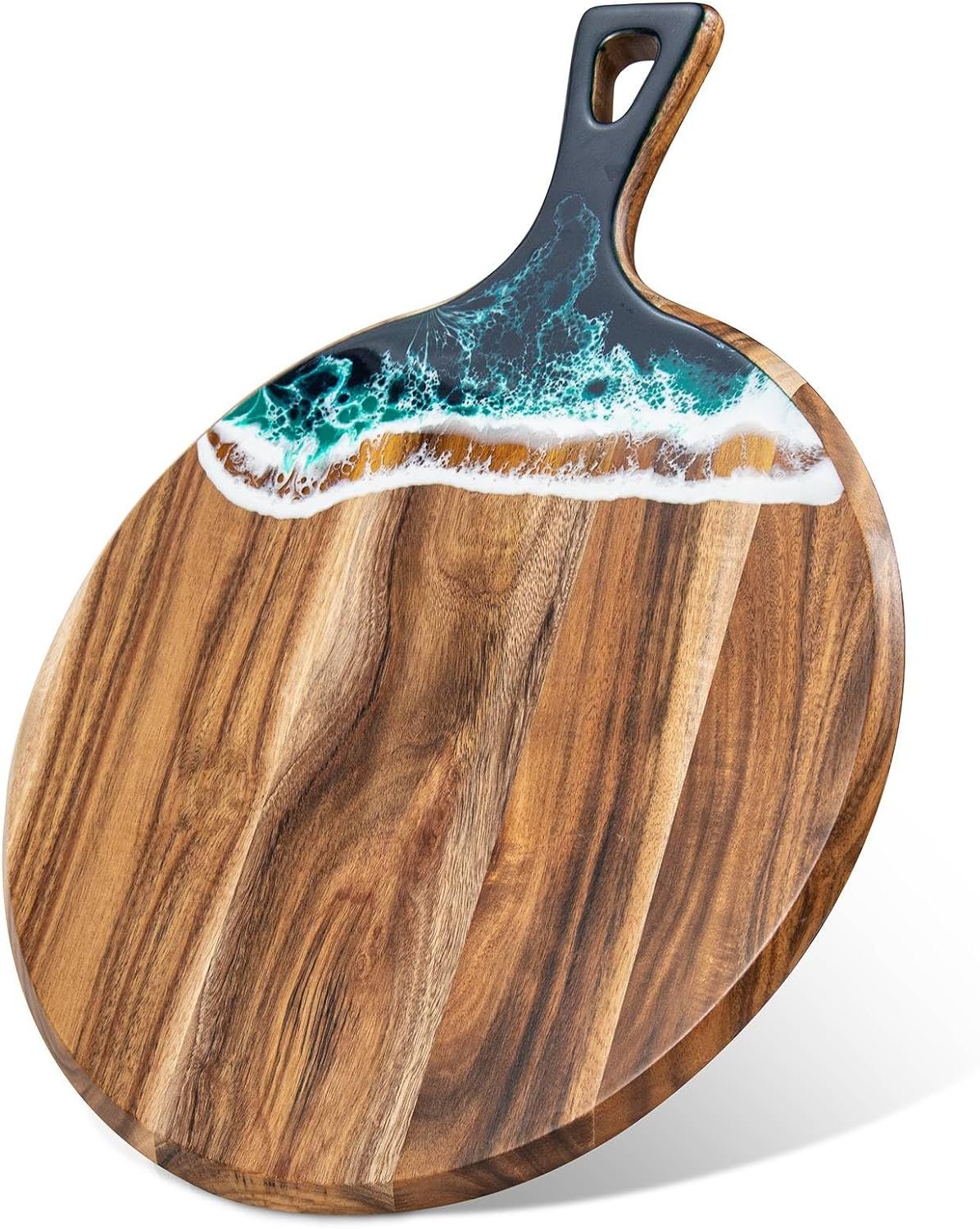 Acacia Wood and Resin Cutting Board with Handle Green Wooden Chopping Board Round Paddle for Meat Bread Serving Board Charcuterie Boards Chopping Blocks Circular Circle Carving Cutting Board