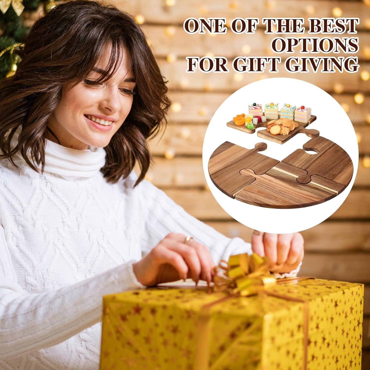 Acacia Wood Cutting Board Set of 4 Large Charcuterie Boards with Puzzle Handle Serving Tray Chopping Board for Meat, Cheese, Fruit, Vegetables, 19.69 x 19.69