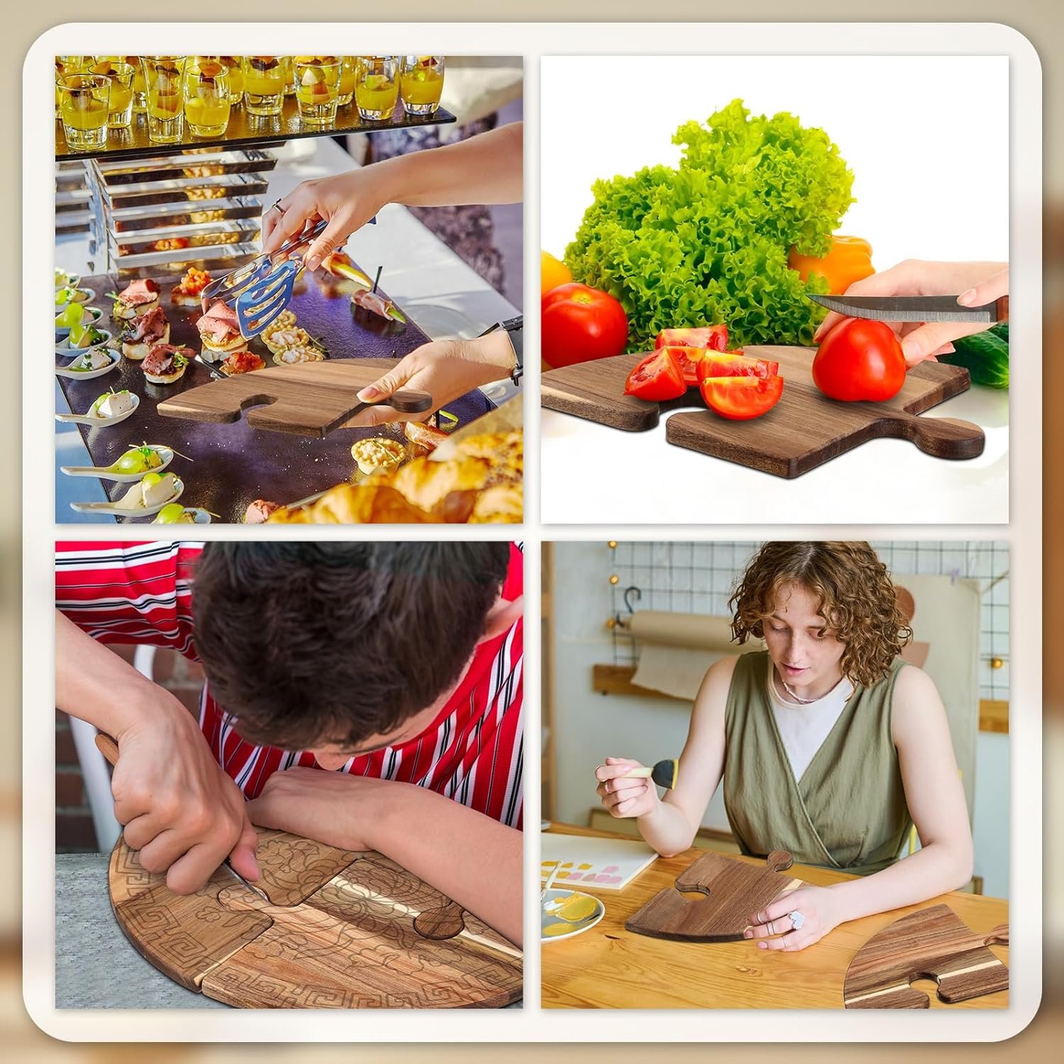 Acacia Wood Cutting Board Set of 4 Large Charcuterie Boards with Puzzle Handle Serving Tray Chopping Board for Meat, Cheese, Fruit, Vegetables, 19.69 x 19.69