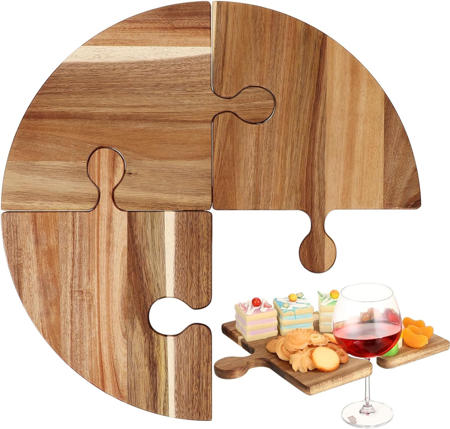 Acacia Wood Cutting Board Set of 4 Large Charcuterie Boards with Puzzle Handle Serving Tray Chopping Board for Meat, Cheese, Fruit, Vegetables, 19.69 x 19.69