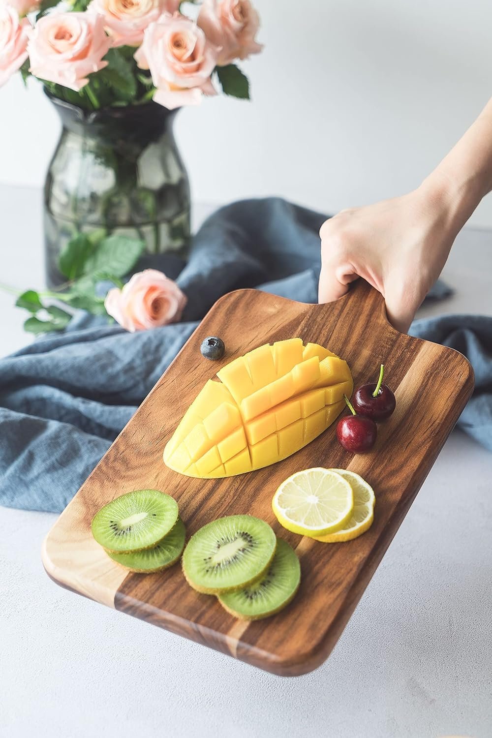 Acacia Wood Cutting Board - Wooden Kitchen Cutting Board for Meat, Cheese, Bread, Vegetables Fruits-Charcuterie Board Cheese Serving Board with Handle,14”x7”