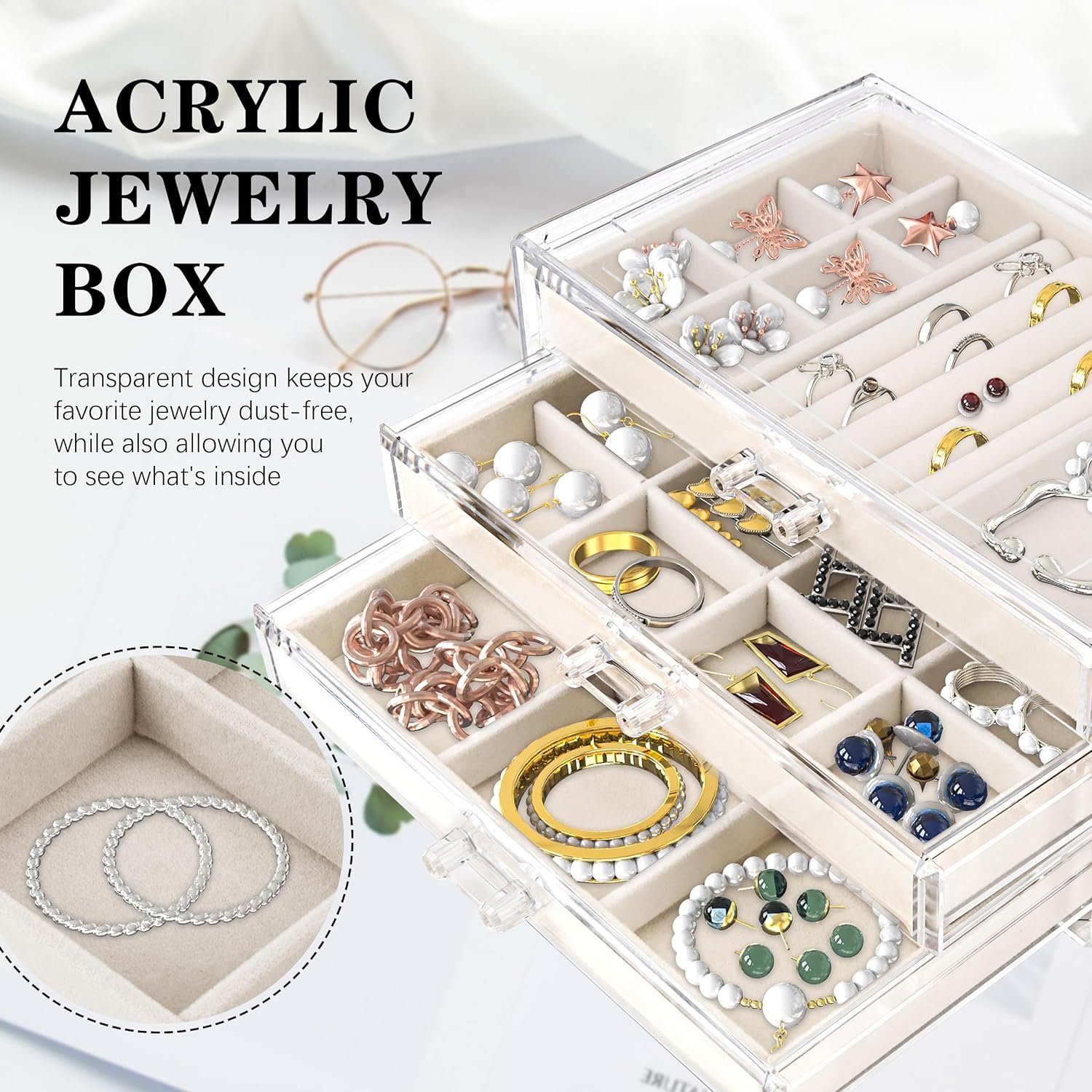 Acrylic Jewelry Organizer with 3 Drawers, Jewelry Organizer Drawer with Velvet Trays, Earring Jewelry Organizer for Jewelry Storage and Display Gift for Women(Grey)