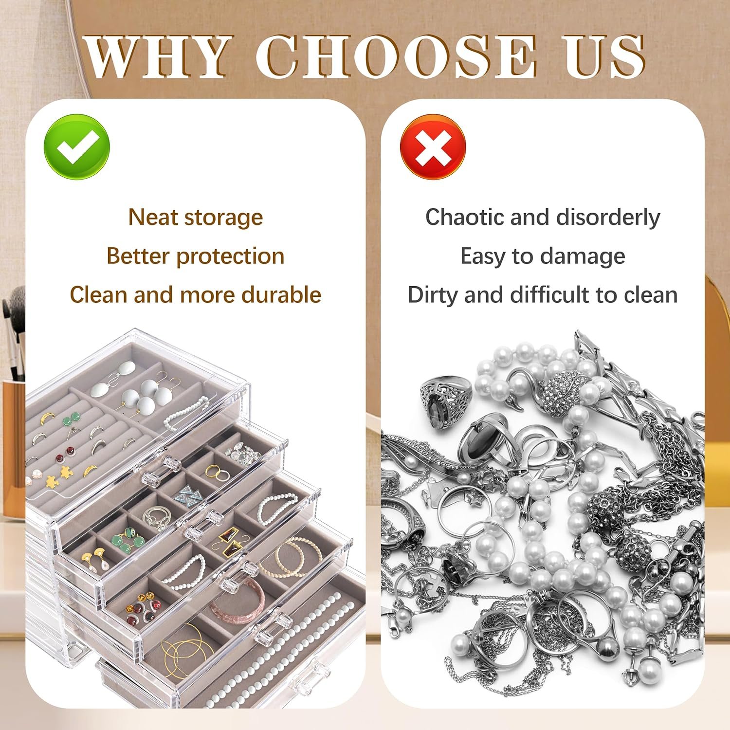 Acrylic Jewelry Organizer with 3 Drawers, Jewelry Organizer Drawer with Velvet Trays, Earring Jewelry Organizer for Jewelry Storage and Display Gift for Women(Grey)