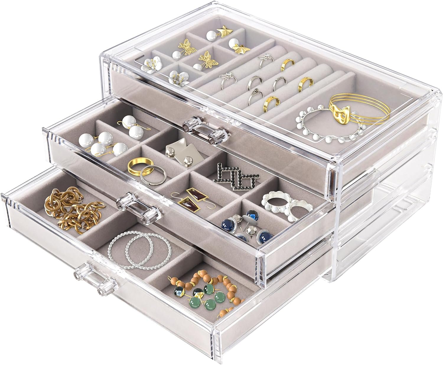 Acrylic Jewelry Organizer with 3 Drawers, Jewelry Organizer Drawer with Velvet Trays, Earring Jewelry Organizer for Jewelry Storage and Display Gift for Women(Grey)
