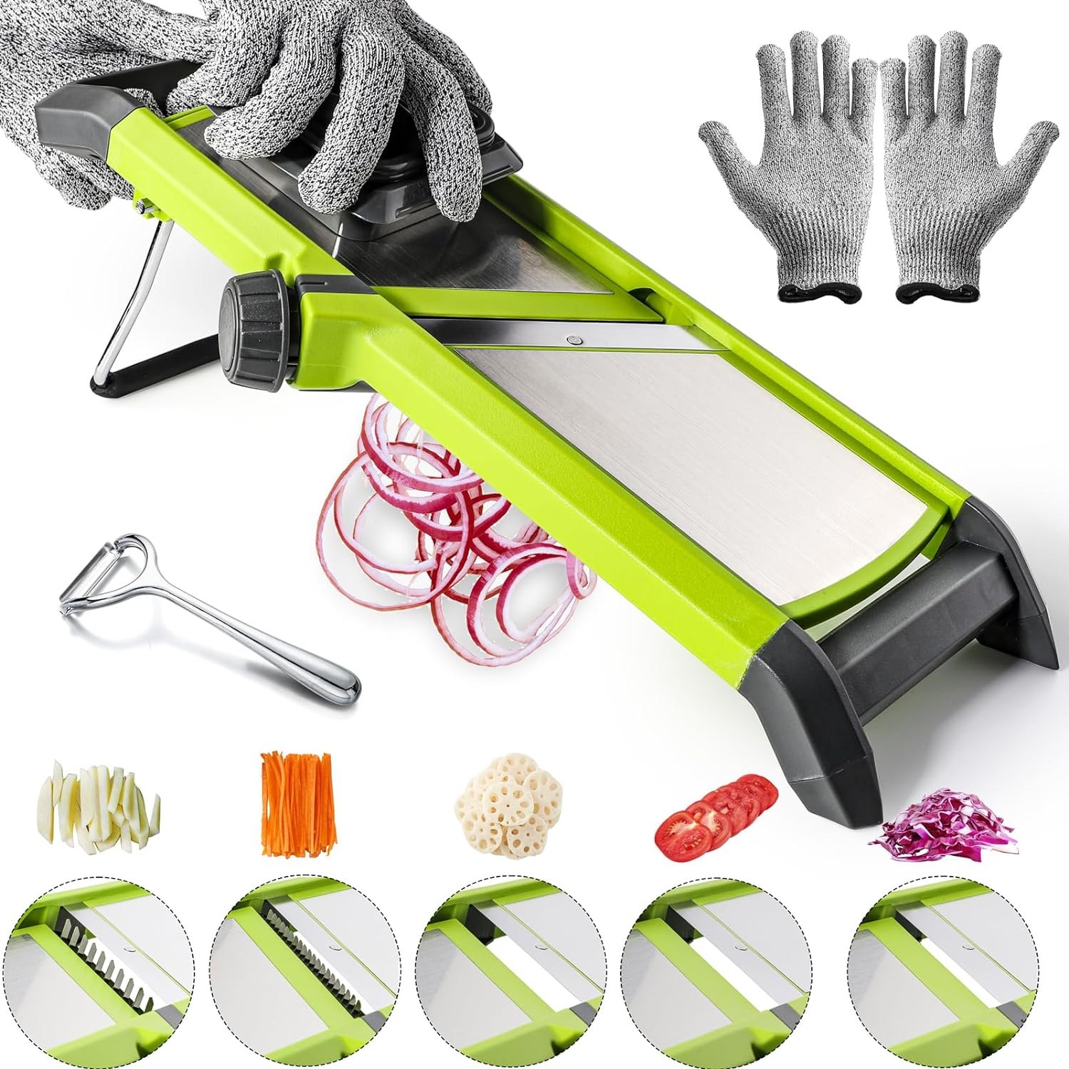 Adjustable Mandoline Slicer for Kicthen,Stainless Steel Vegetable Slicer with Extra Peeler and Safety Gloves,Vegetable Chopper Julienne Slicer for Carrot Potato Cucumber Onion Lemon etc Adjustable Mandoline Slicer for Kicthen,Stainless Steel Vegetable Slicer with Extra Peeler and Safety Gloves,Vegetable Chopper Julienne Slicer for Carrot Potato Cucumber Onion Lemon etc