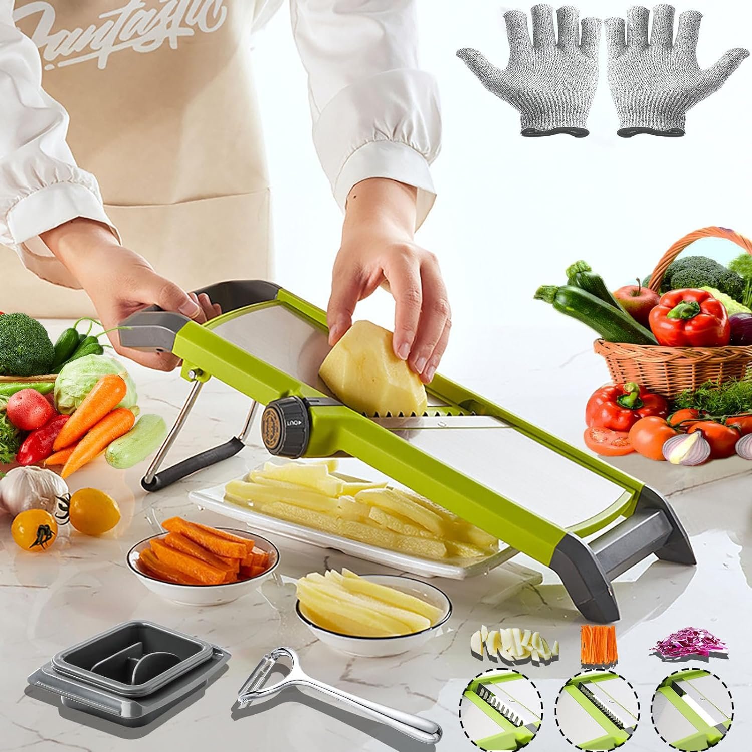 Adjustable Mandoline Slicer for Kicthen,Stainless Steel Vegetable Slicer with Extra Peeler and Safety Gloves,Vegetable Chopper Julienne Slicer for Carrot Potato Cucumber Onion Lemon etc Adjustable Mandoline Slicer for Kicthen,Stainless Steel Vegetable Slicer with Extra Peeler and Safety Gloves,Vegetable Chopper Julienne Slicer for Carrot Potato Cucumber Onion Lemon etc