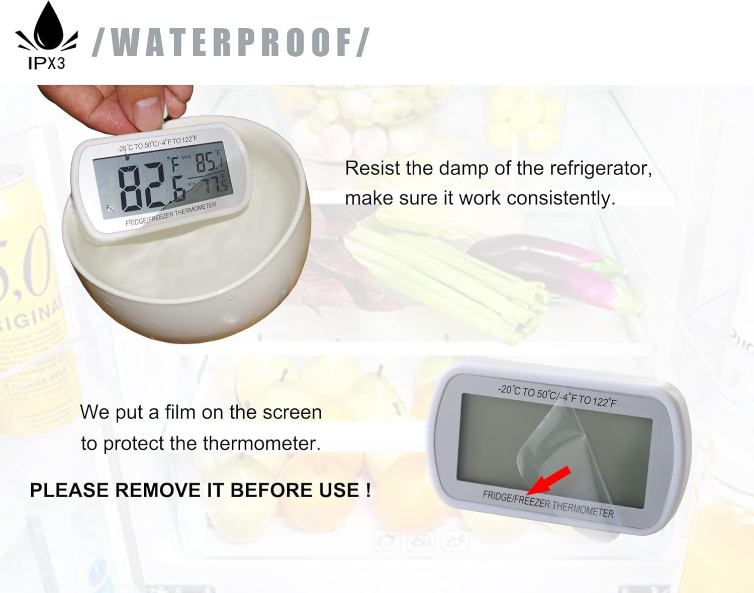 AEVETE 10 Pack Waterproof Digital Refrigerator Thermometer Large LCD, Freezer Room Thermometer with Magnetic Back, No Frills Easy to Read