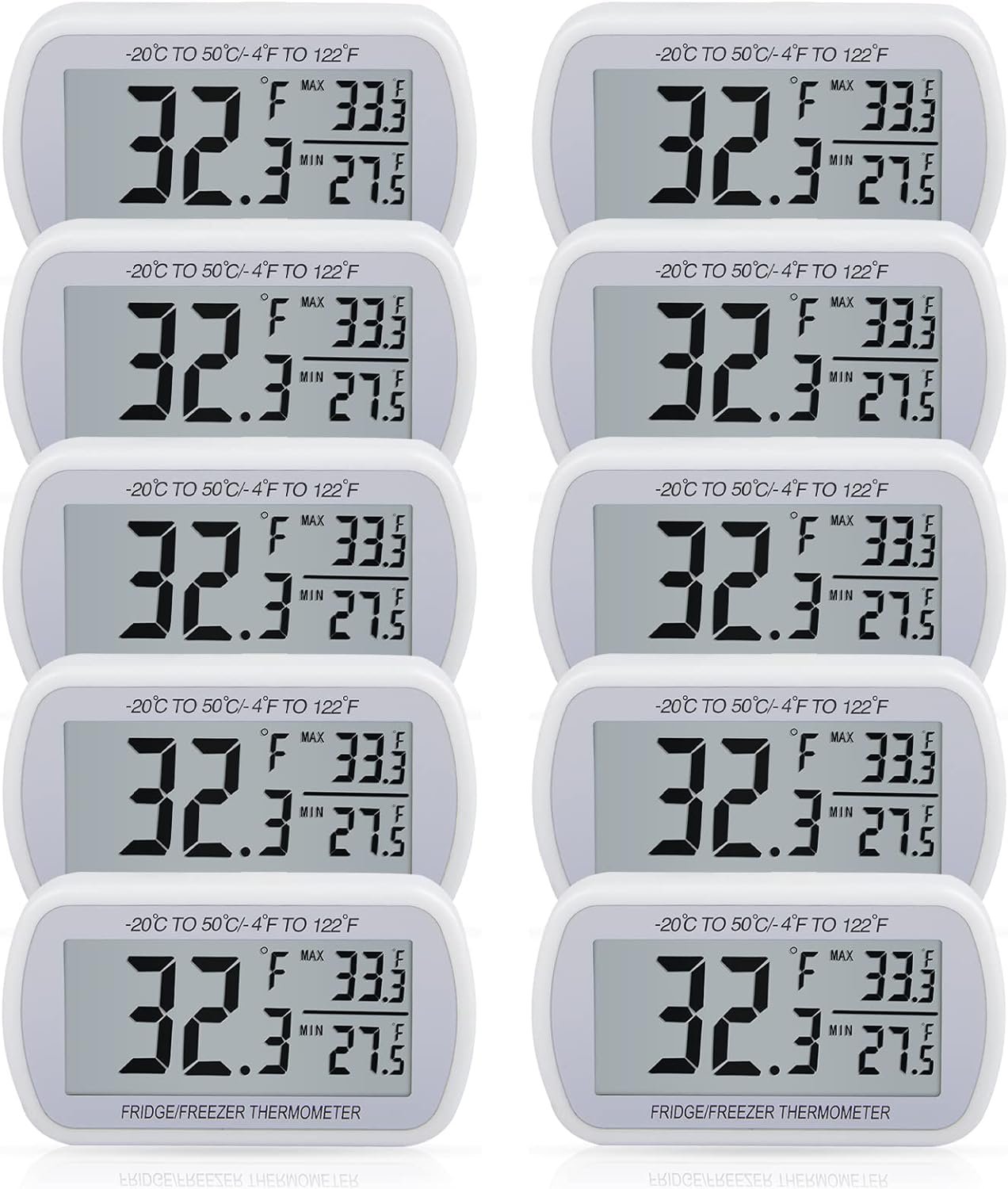 AEVETE 10 Pack Waterproof Digital Refrigerator Thermometer Large LCD, Freezer Room Thermometer with Magnetic Back, No Frills Easy to Read