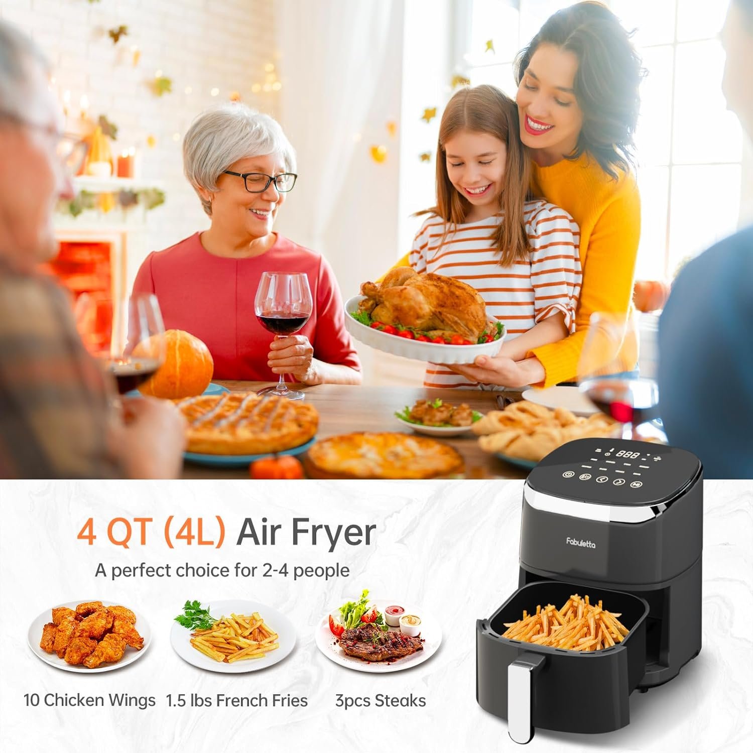 Air Fryers 4 Qt, Fabuletta 9 Cooking Functions Smart Air Fryers, Shake Reminder, Powerful 1550W Electric Hot Air Fryer,Tempered Glass Display, Dishwasher-Safe  Nonstick, Quiet