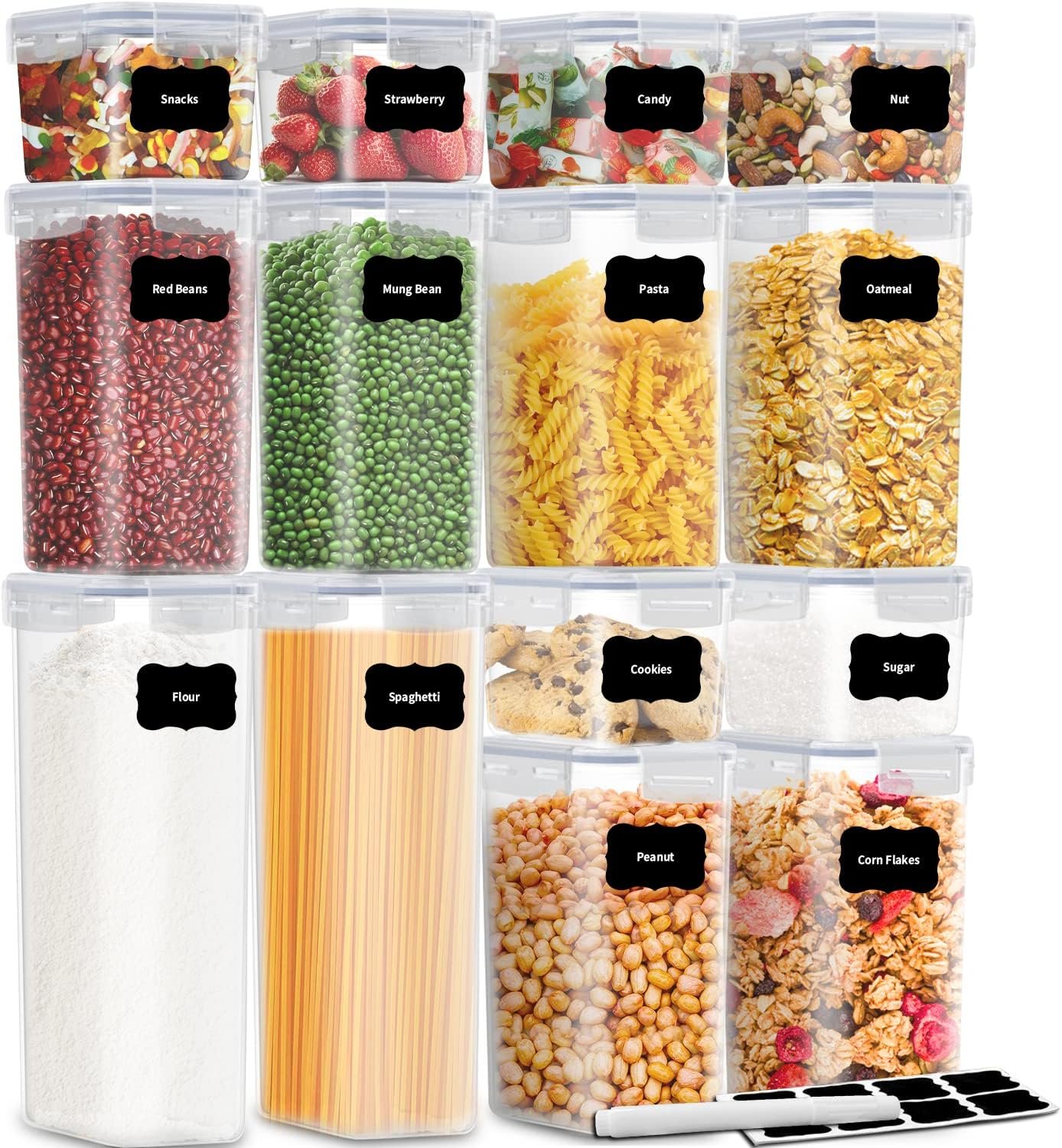 Airtight Food Storage Containers with Lids, 14 PCS Plastic Cereal Kitchen Stackable Food Storage Buckets Food Canisters for Kitchen Pantry Organization Snacks and Sugar Include 24 Labels