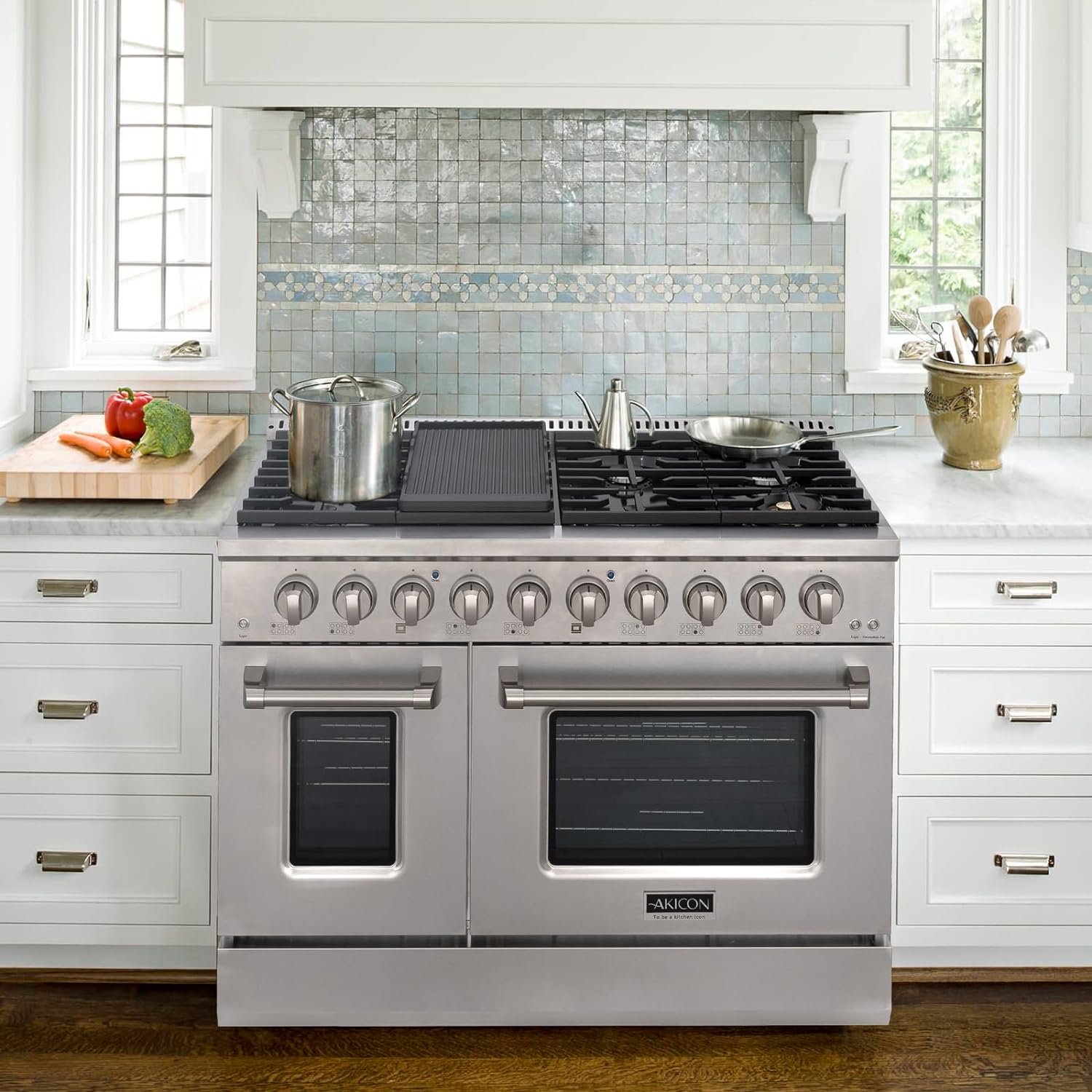 Akicon 48 Slide-in Freestanding Professional Style Gas Range with 6.7 Cu. Ft. Oven, 8 Burners, Convection Fan, Cast Iron Grates,  Blue Porcelain Oven Interior, In Stainless Steel