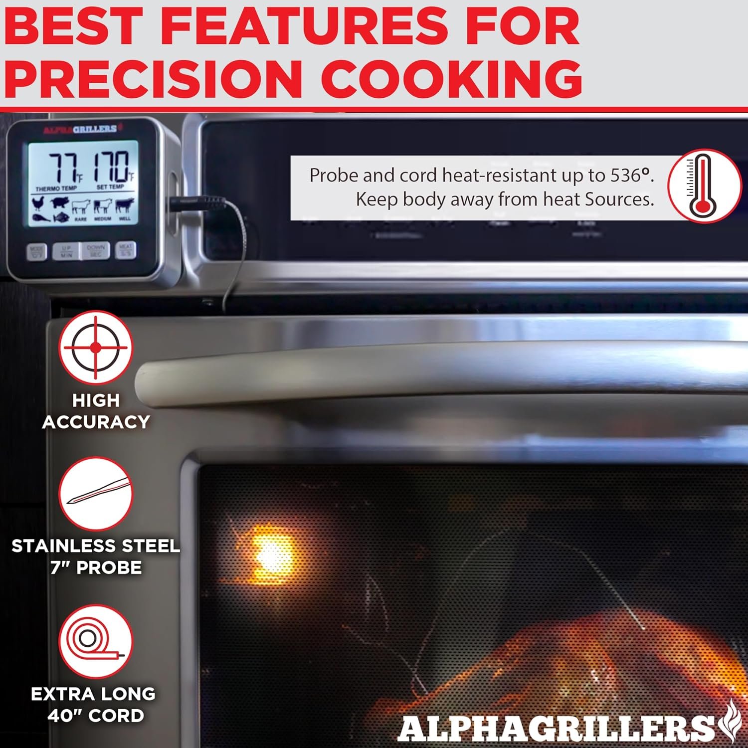 Alpha Grillers Food  Meat Thermometer for Oven w/Temperature Probe, Leave in Digital Oven Thermometer for Cooking in The Kitchen  Grilling with 7 Preset Temperatures  Timer