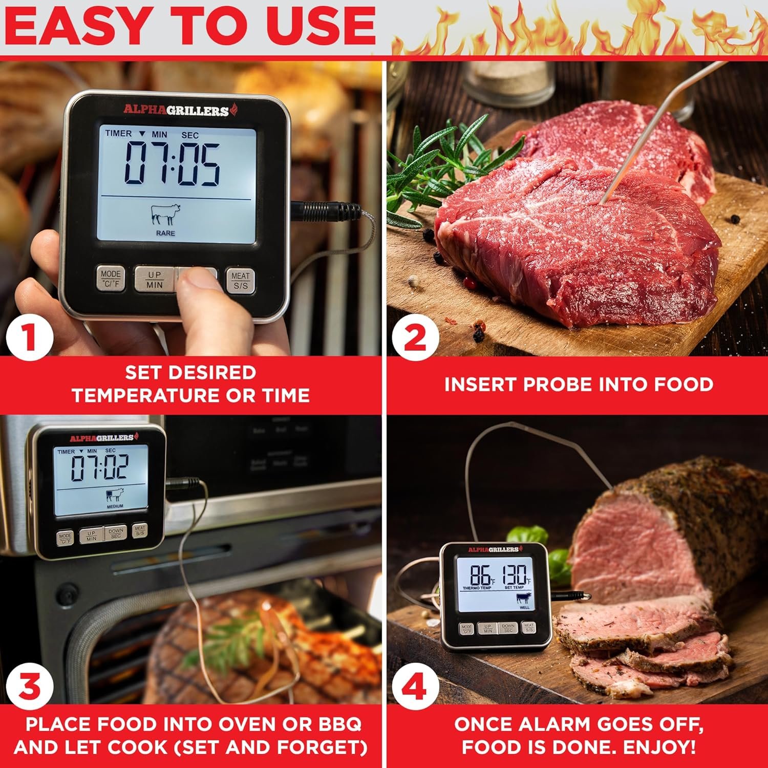Alpha Grillers Food  Meat Thermometer for Oven w/Temperature Probe, Leave in Digital Oven Thermometer for Cooking in The Kitchen  Grilling with 7 Preset Temperatures  Timer