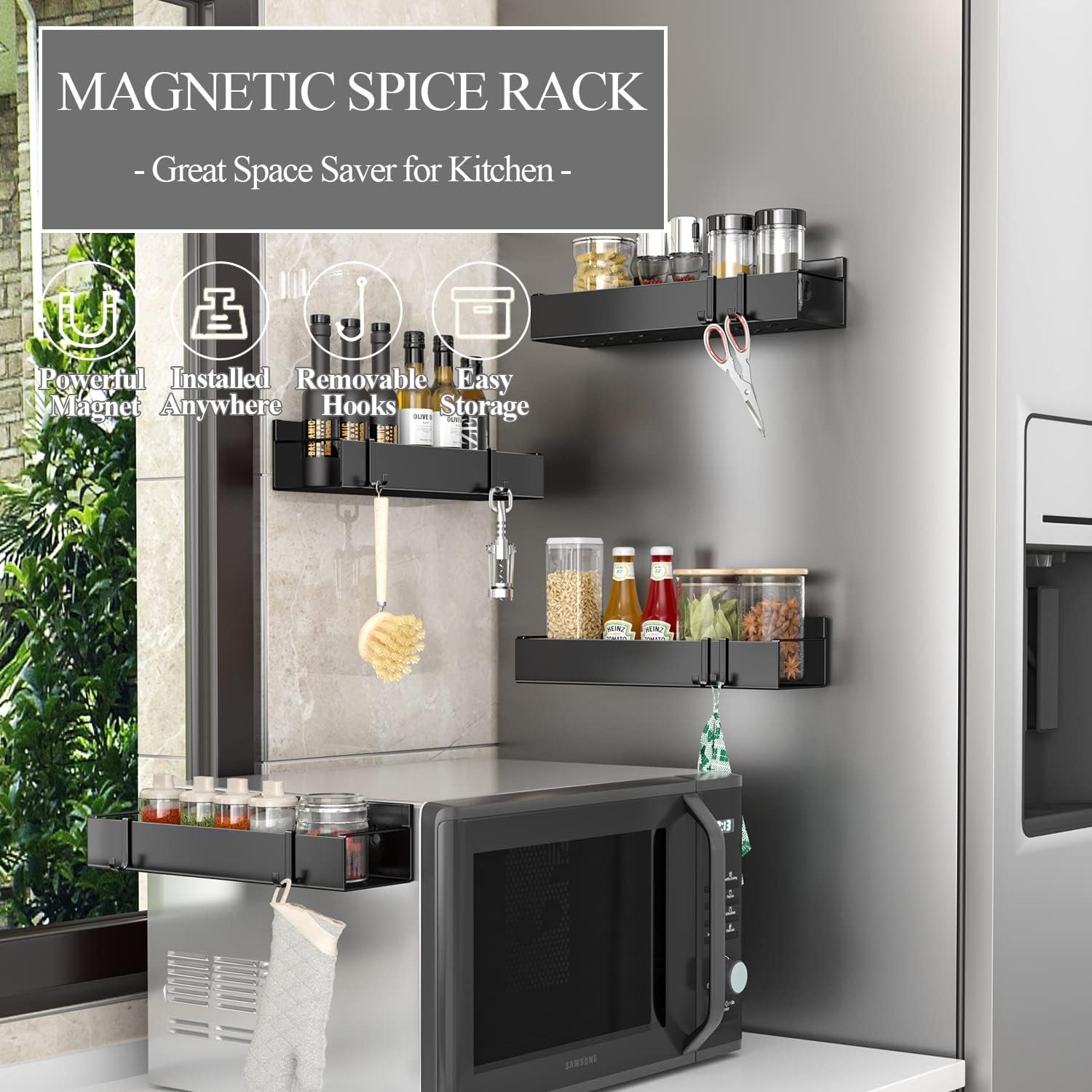 Alphyse Magnetic Spice Rack for Refrigerator, 11.8 Inch Adhesive Wall Mount Spice Rack, Strong Magnetic Shelf for Refrigerator, Space Saving Kitchen Organizer with 8 Removable Hooks (Black,4 Pack) Alphyse Magnetic Spice Rack for Refrigerator, 11.8 Inch Adhesive Wall Mount Spice Rack, Strong Magnetic Shelf for Refrigerator, Space Saving Kitchen Organizer with 8 Removable Hooks (Black,4 Pack)