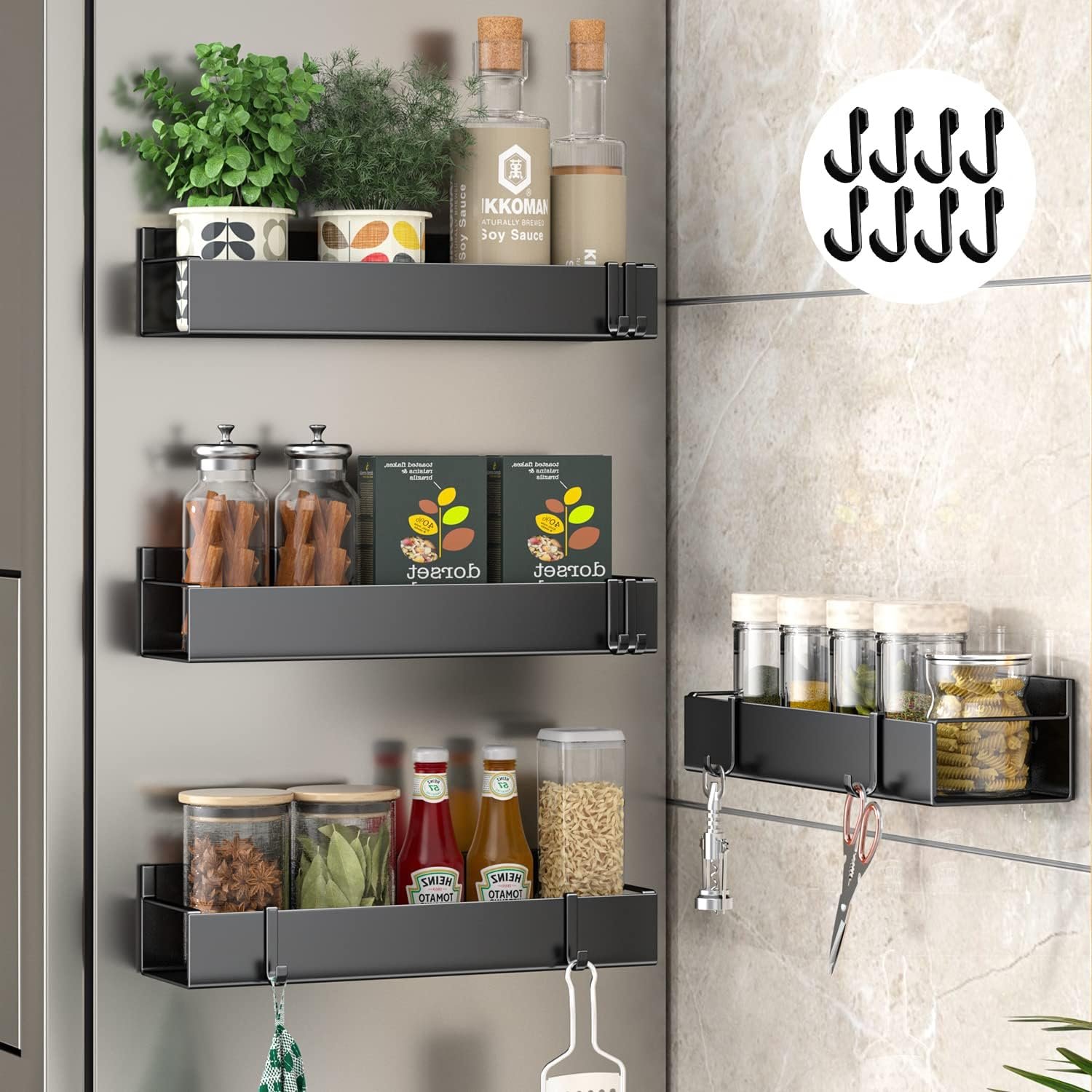 Alphyse Magnetic Spice Rack for Refrigerator, 11.8 Inch Adhesive Wall Mount Spice Rack, Strong Magnetic Shelf for Refrigerator, Space Saving Kitchen Organizer with 8 Removable Hooks (Black,4 Pack) Alphyse Magnetic Spice Rack for Refrigerator, 11.8 Inch Adhesive Wall Mount Spice Rack, Strong Magnetic Shelf for Refrigerator, Space Saving Kitchen Organizer with 8 Removable Hooks (Black,4 Pack)
