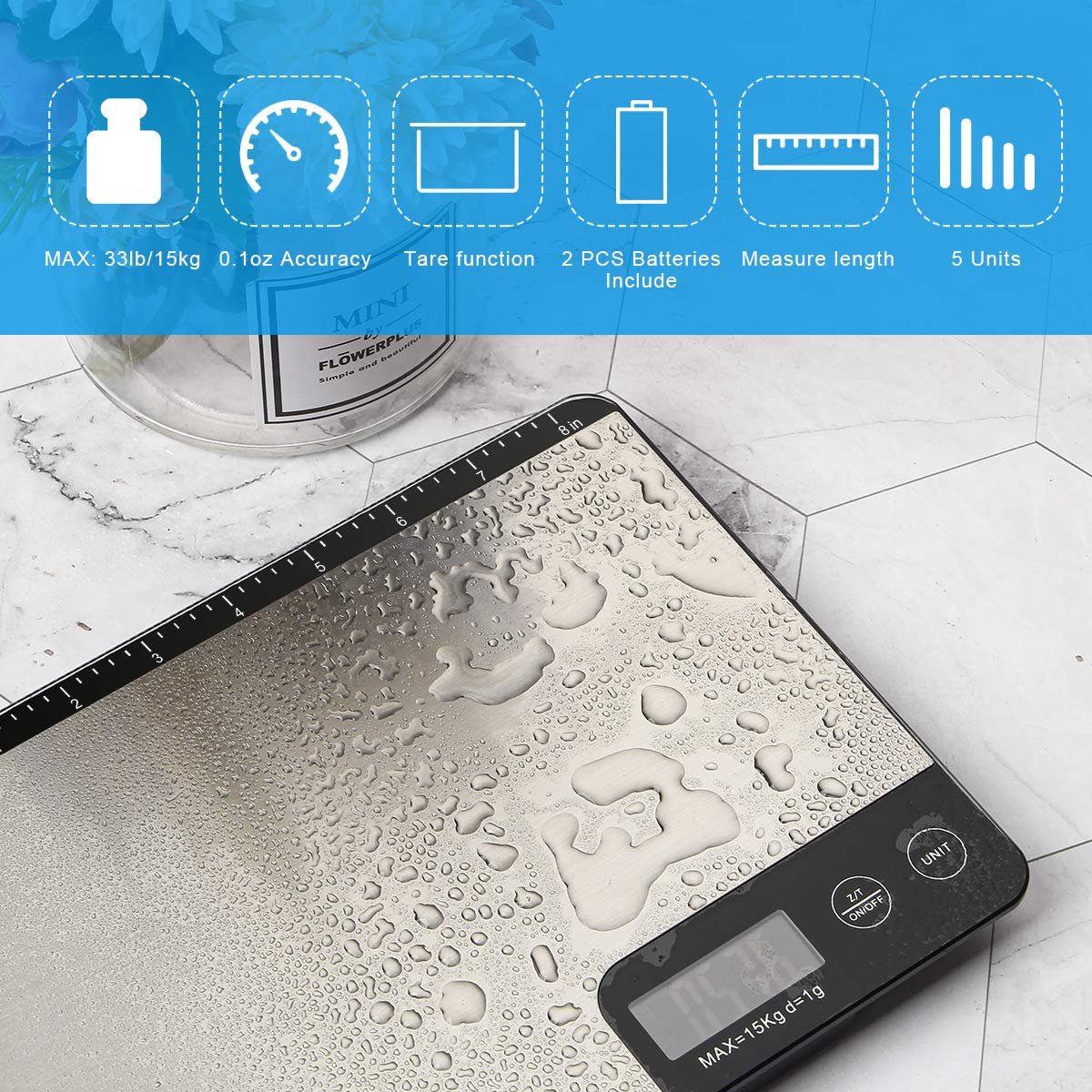 Amiloe MAX 33lb Kitchen Scale with Measure Length(8inch), Food Scales Digital Weight Grams and Oz with Shrink Hook, 6 Units, Tare Function, High Precision to 1g/0.1oz for Baking and Cooking Amiloe MAX 33lb Kitchen Scale with Measure Length(8inch), Food Scales Digital Weight Grams and Oz with Shrink Hook, 6 Units, Tare Function, High Precision to 1g/0.1oz for Baking and Cooking