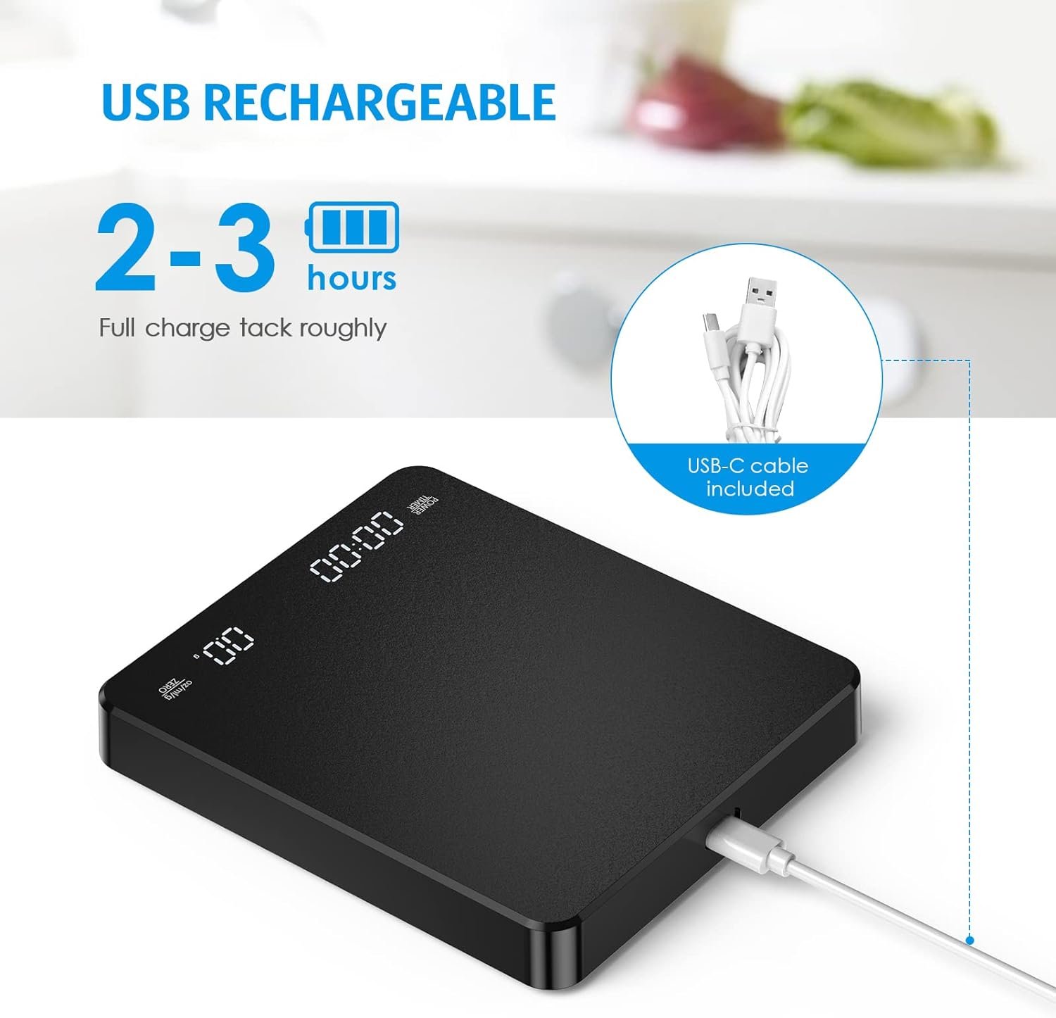 AMIR Digital Coffee Scale with Timer, Rechargeable Drip Espresso Scale 3kg/0.1g High Precision, Kitchen Scale with 3 Units, Tare, Auto Off, g/oz/ml, Black