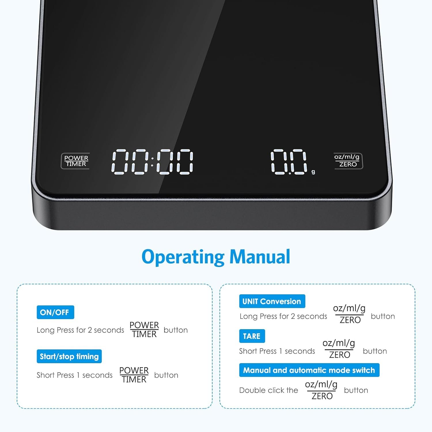 AMIR Digital Coffee Scale with Timer, Rechargeable Drip Espresso Scale 3kg/0.1g High Precision, Kitchen Scale with 3 Units, Tare, Auto Off, g/oz/ml, Black