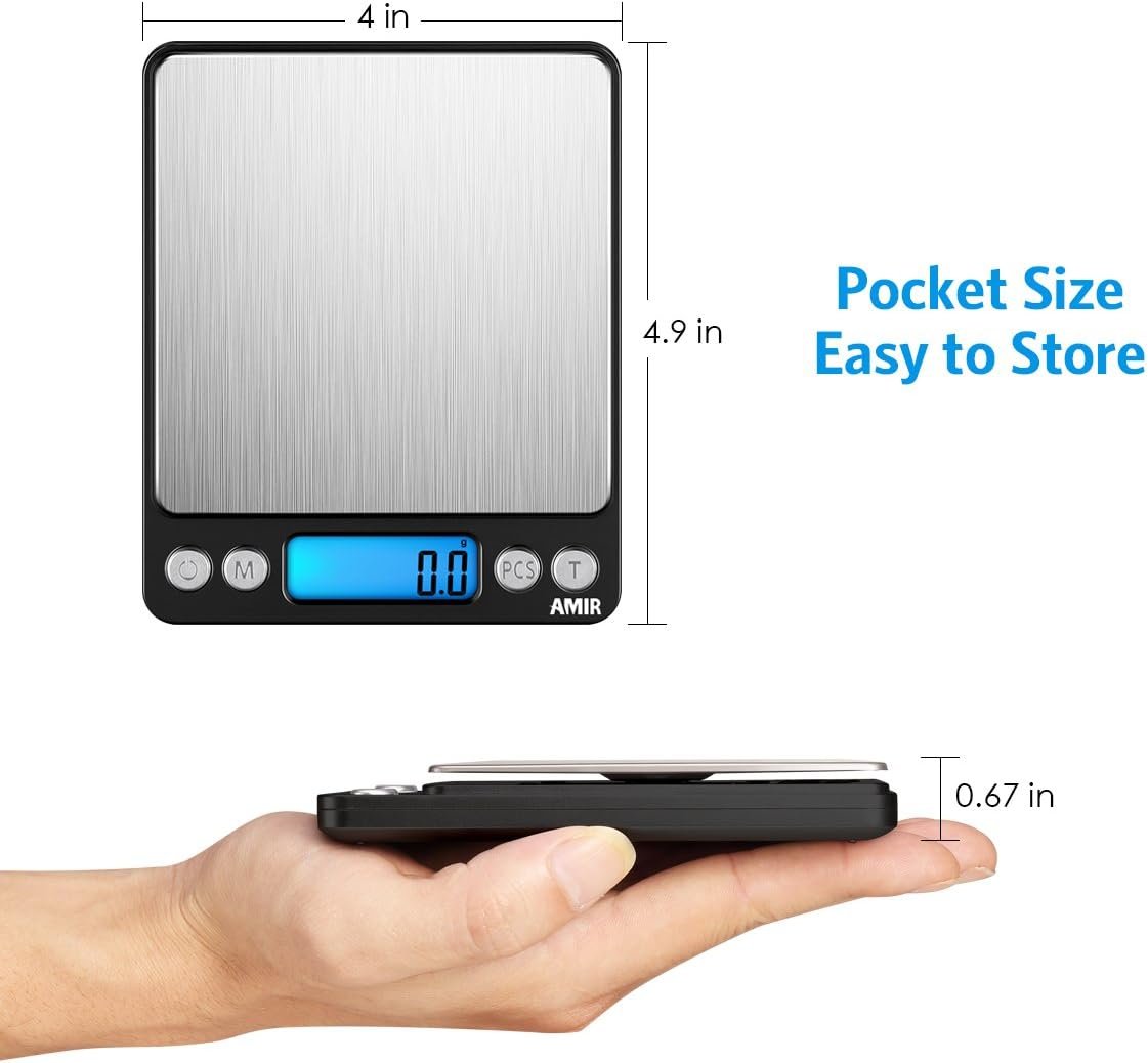 AMIR Digital Kitchen Scale, 3000g 0.01oz/0.1g Pocket Cooking Scale, Mini Food Scale, Pro Electronic Jewelry Scale with Back-Lit LCD Display, Tare  PCS Functions, Stainless Steel,Black