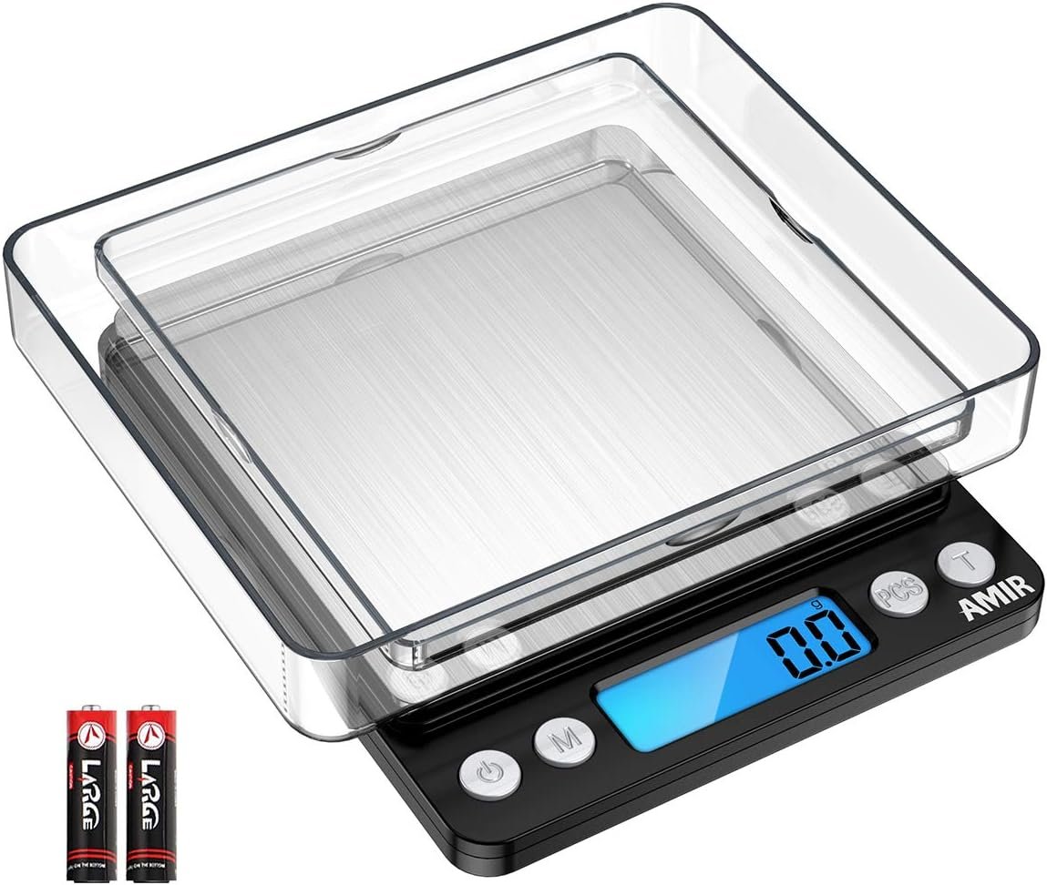 AMIR Digital Kitchen Scale, 3000g 0.01oz/0.1g Pocket Cooking Scale, Mini Food Scale, Pro Electronic Jewelry Scale with Back-Lit LCD Display, Tare  PCS Functions, Stainless Steel,Black