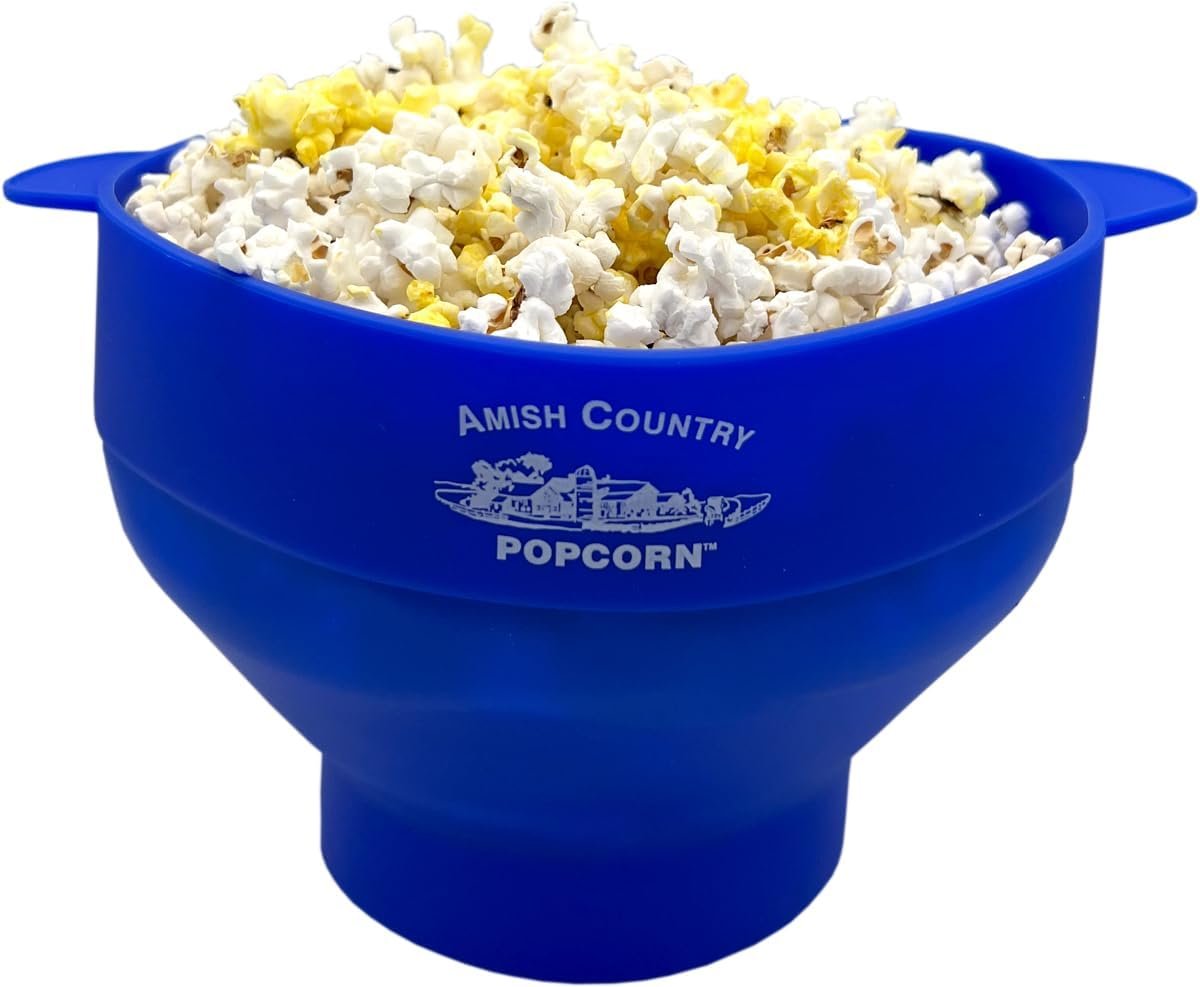 Amish Country Popcorn | Collapsible Silicone Microwave Popper with Customized ACP Logo | BPA and PVC Free Popcorn Bowl with Handles | Dishwasher Safe | Includes 2-2 oz Bags of Kernels (Blue)