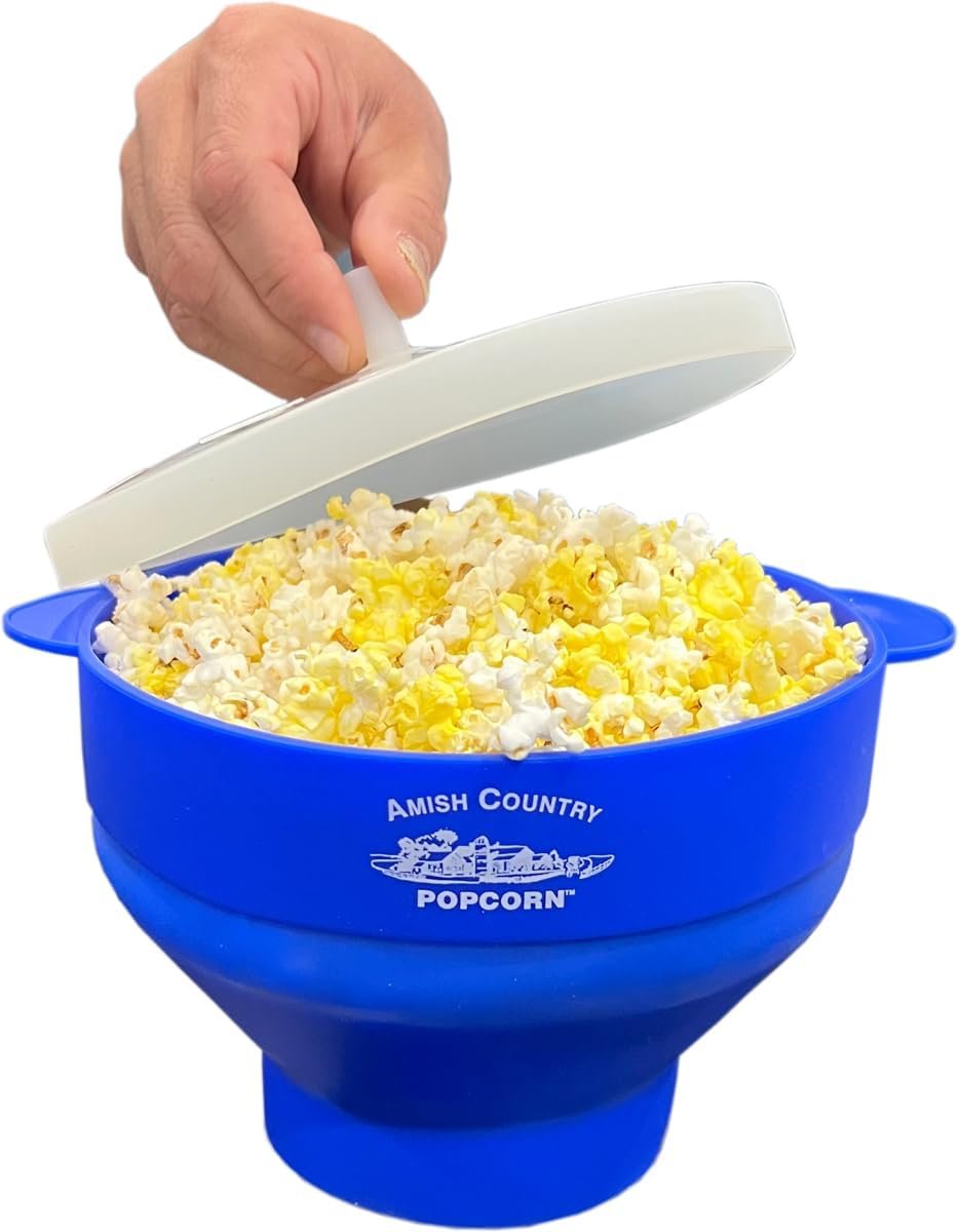 Amish Country Popcorn | Collapsible Silicone Microwave Popper with Customized ACP Logo | BPA and PVC Free Popcorn Bowl with Handles | Dishwasher Safe | Includes 2-2 oz Bags of Kernels (Blue)